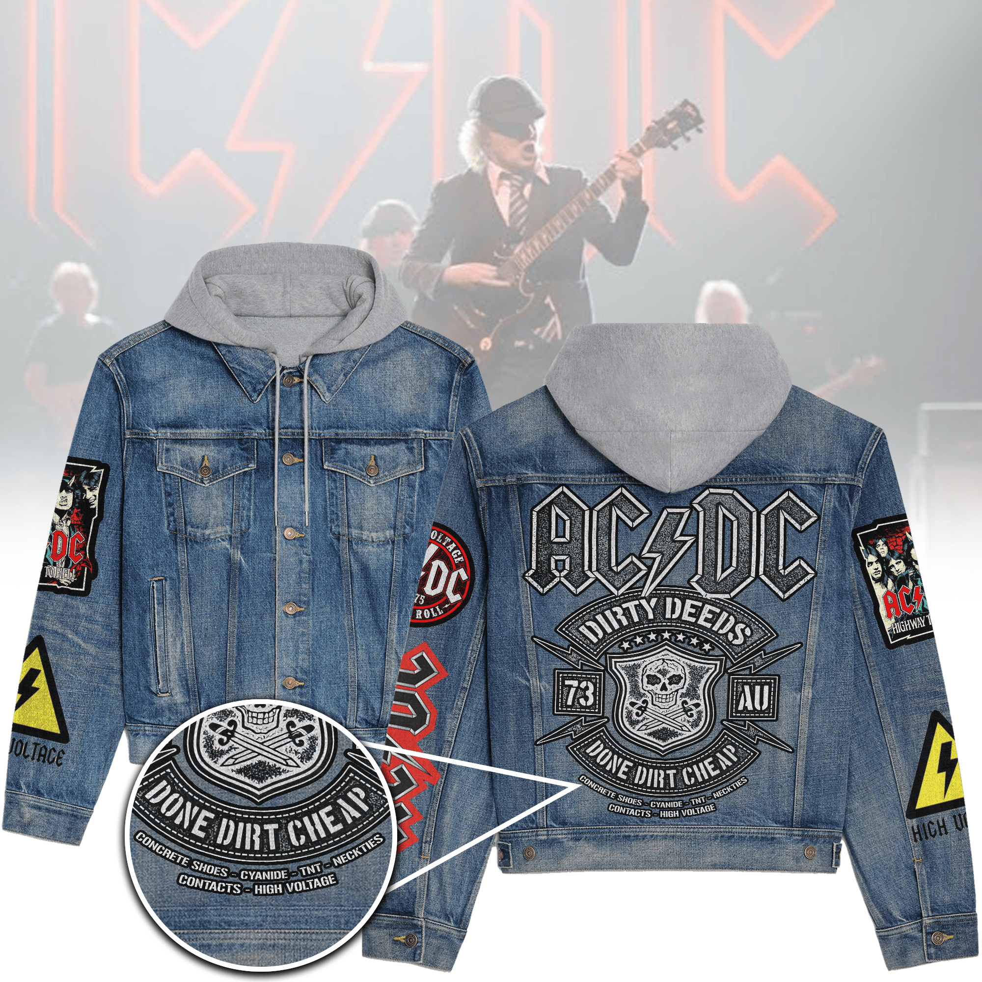 AC/DC Band Music Style Hooded Denim Jacket For Fans