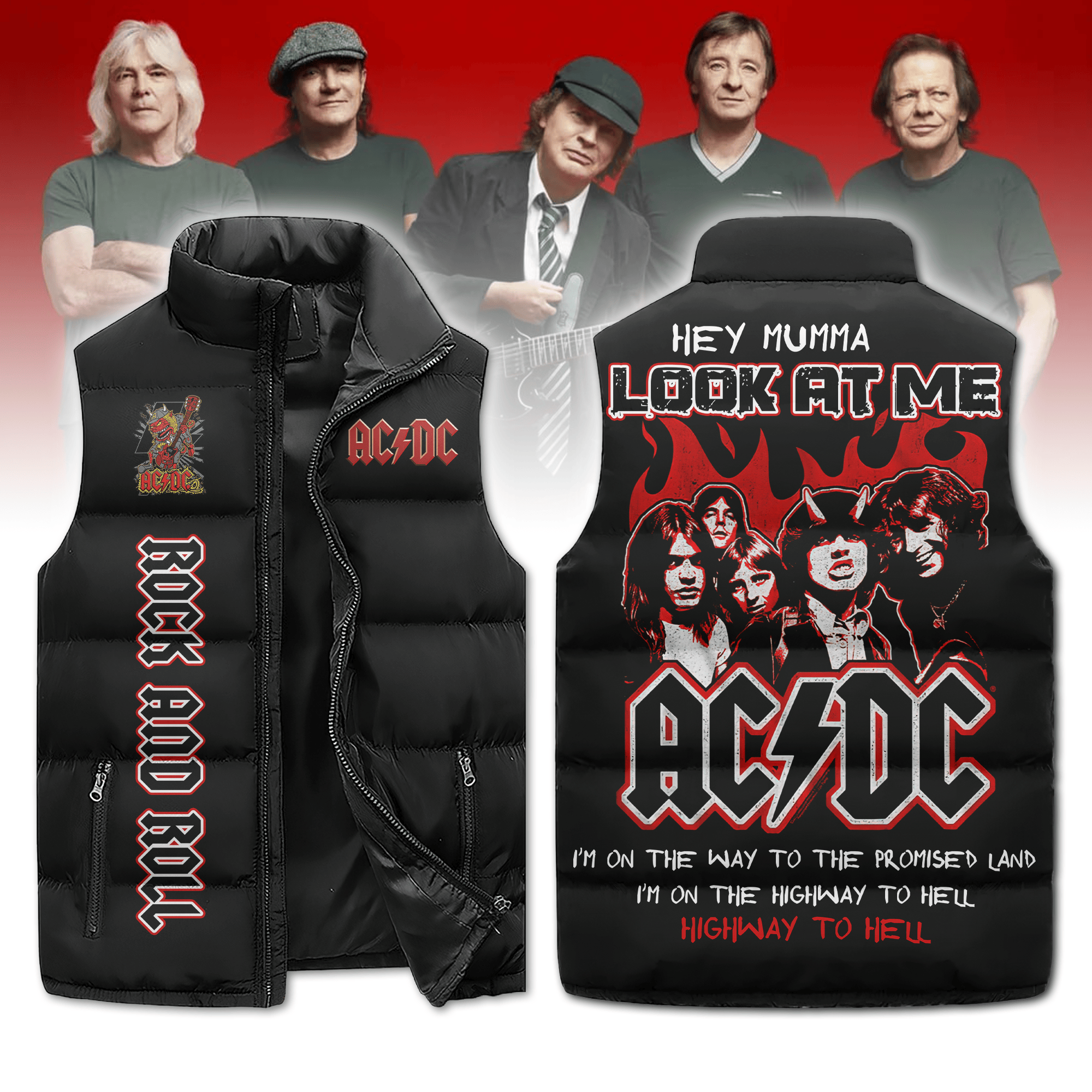 AC/DC Band Music Style Sleeveless Puffer Jacket For Fans