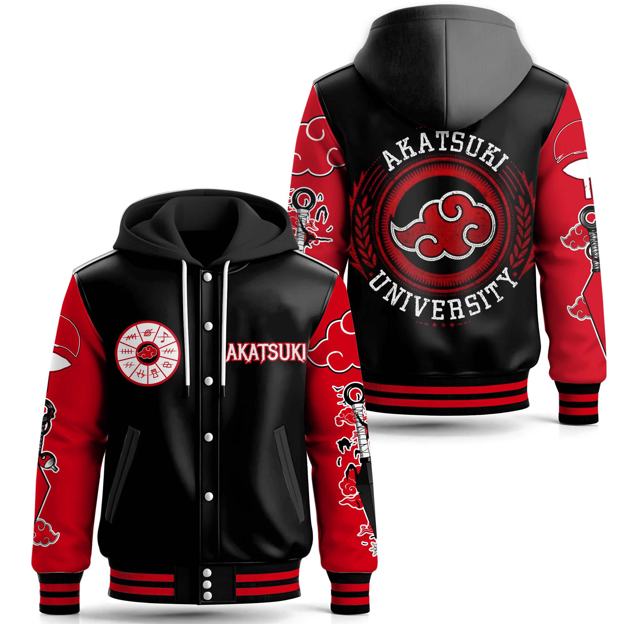 Akatsuki Naruto Anime Style Leather Baseball Jacket With Hooded For Fans