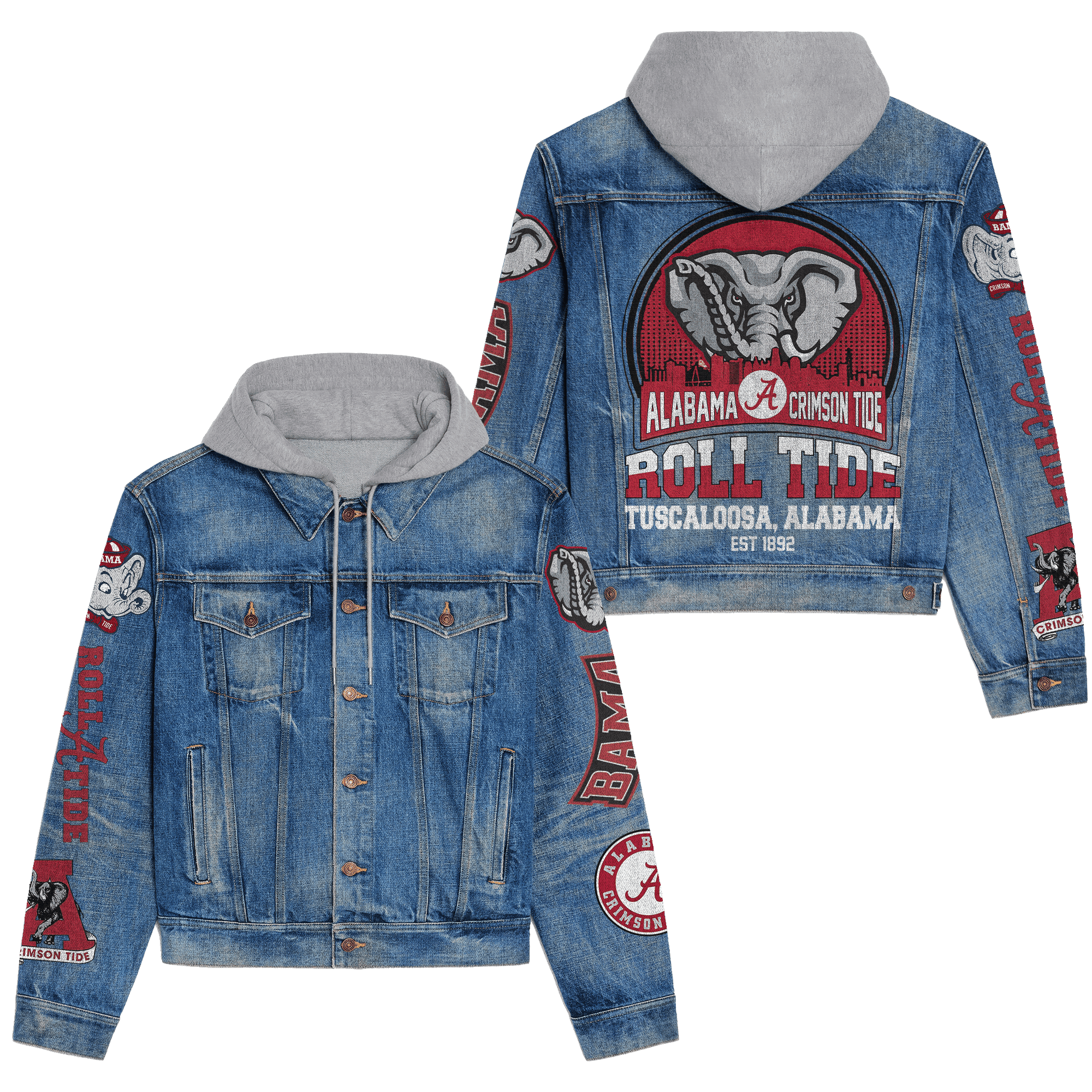 Alabama Crimson Tide NCAA Style Hooded Denim Jacket For Fans
