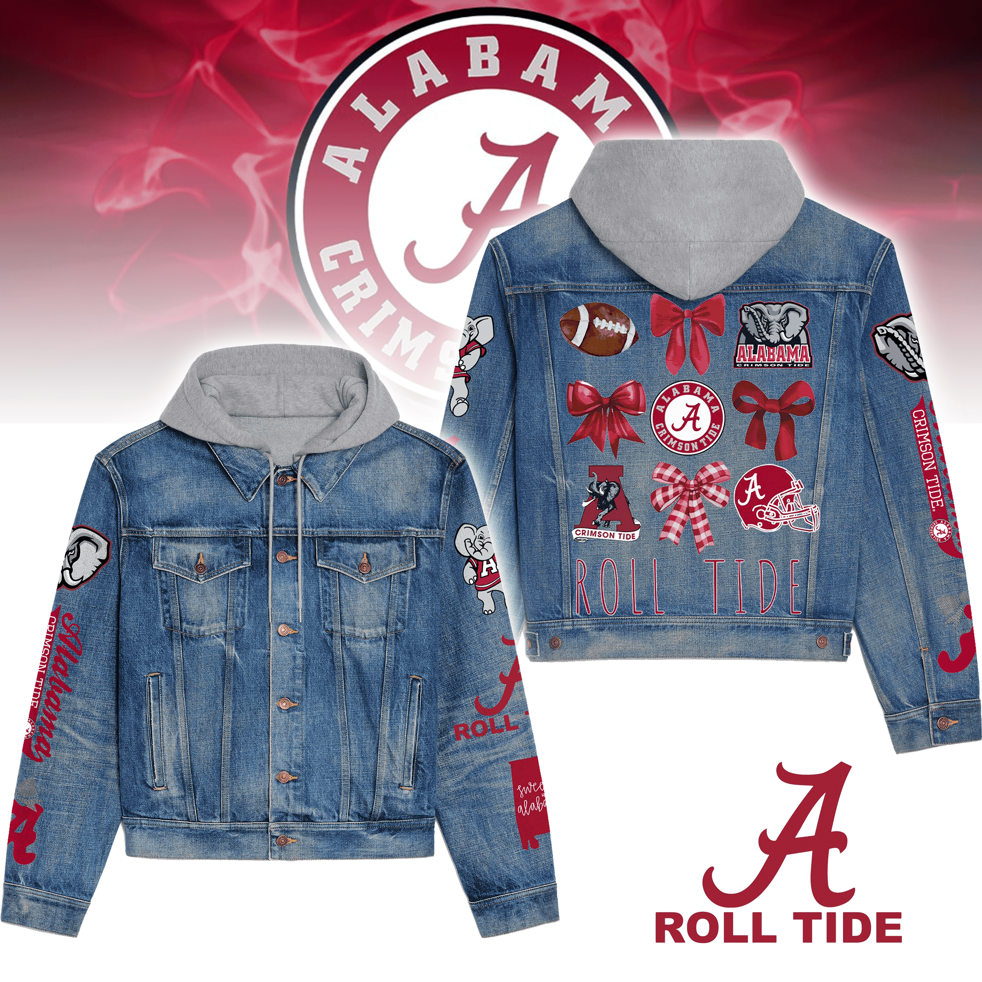 Alabama Crimson Tide NCAA Style Hooded Denim Jacket For Fans