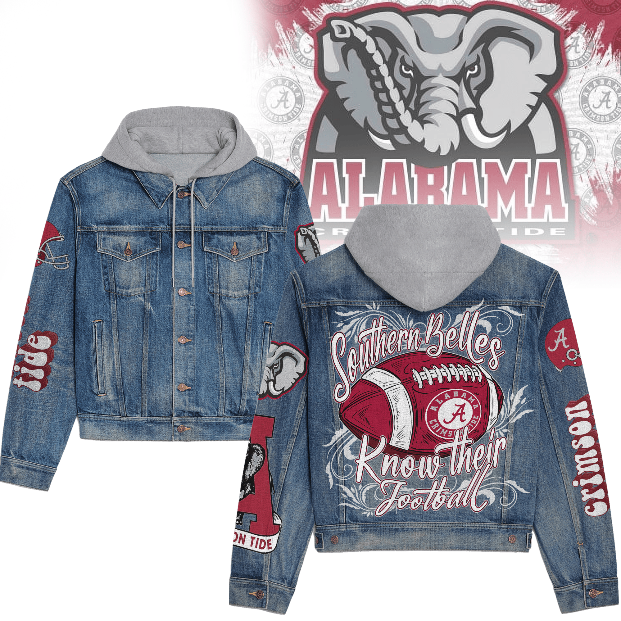 Alabama Crimson Tide NCAA Style Hooded Denim Jacket For Fans