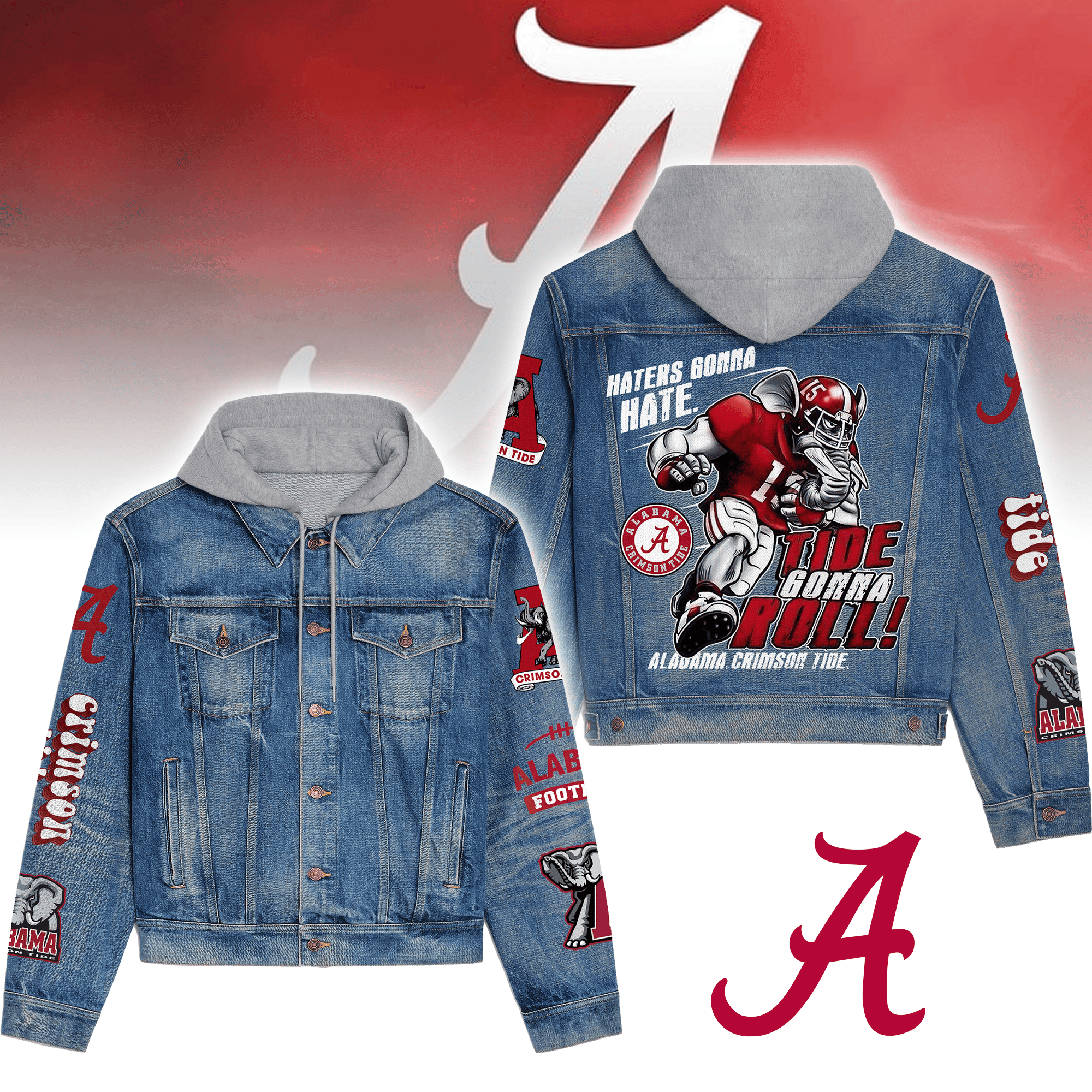 Alabama Crimson Tide NCAA Style Hooded Denim Jacket For Fans