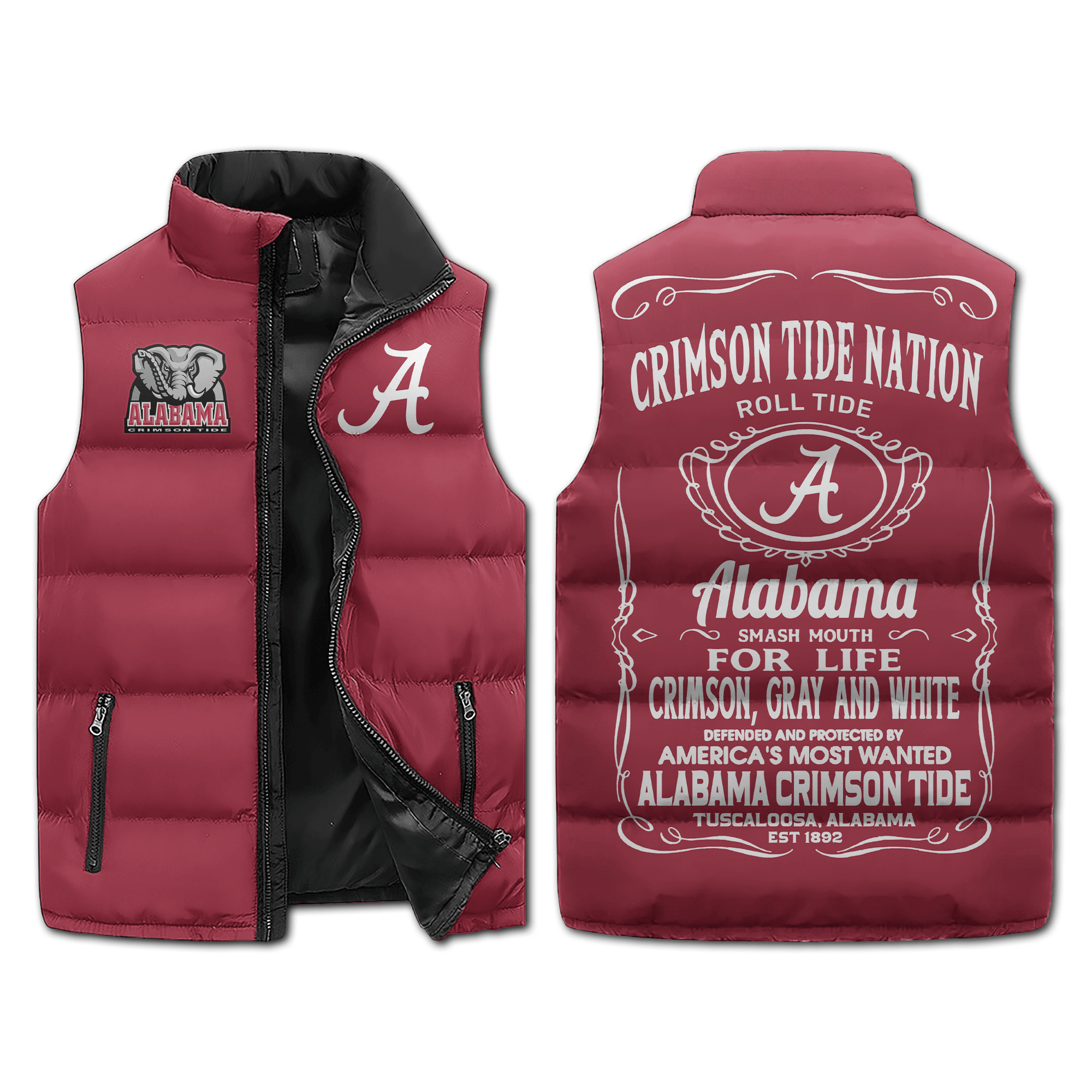 Alabama Crimson Tide NCAA Style Sleeveless Puffer Jacket For Fans