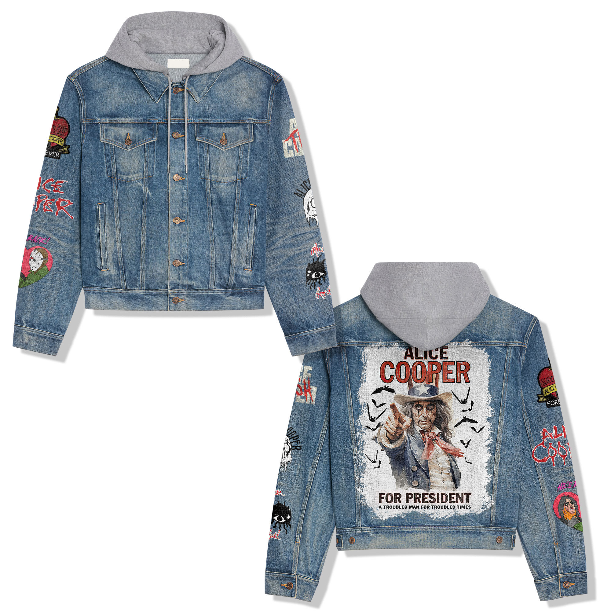 Alice Cooper Music Style Hooded Denim Jacket For Fans