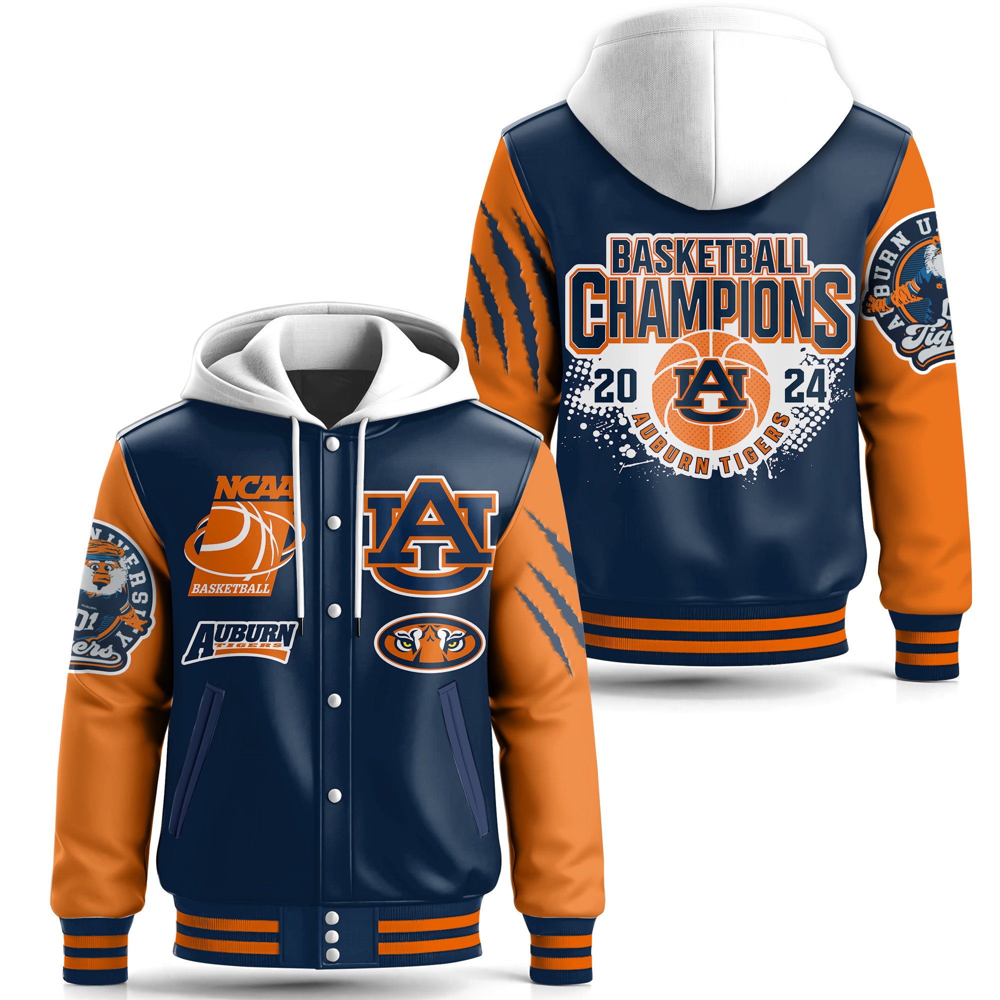 Auburn Tigers NCAA Style Leather Baseball Jacket With Hooded For Fans