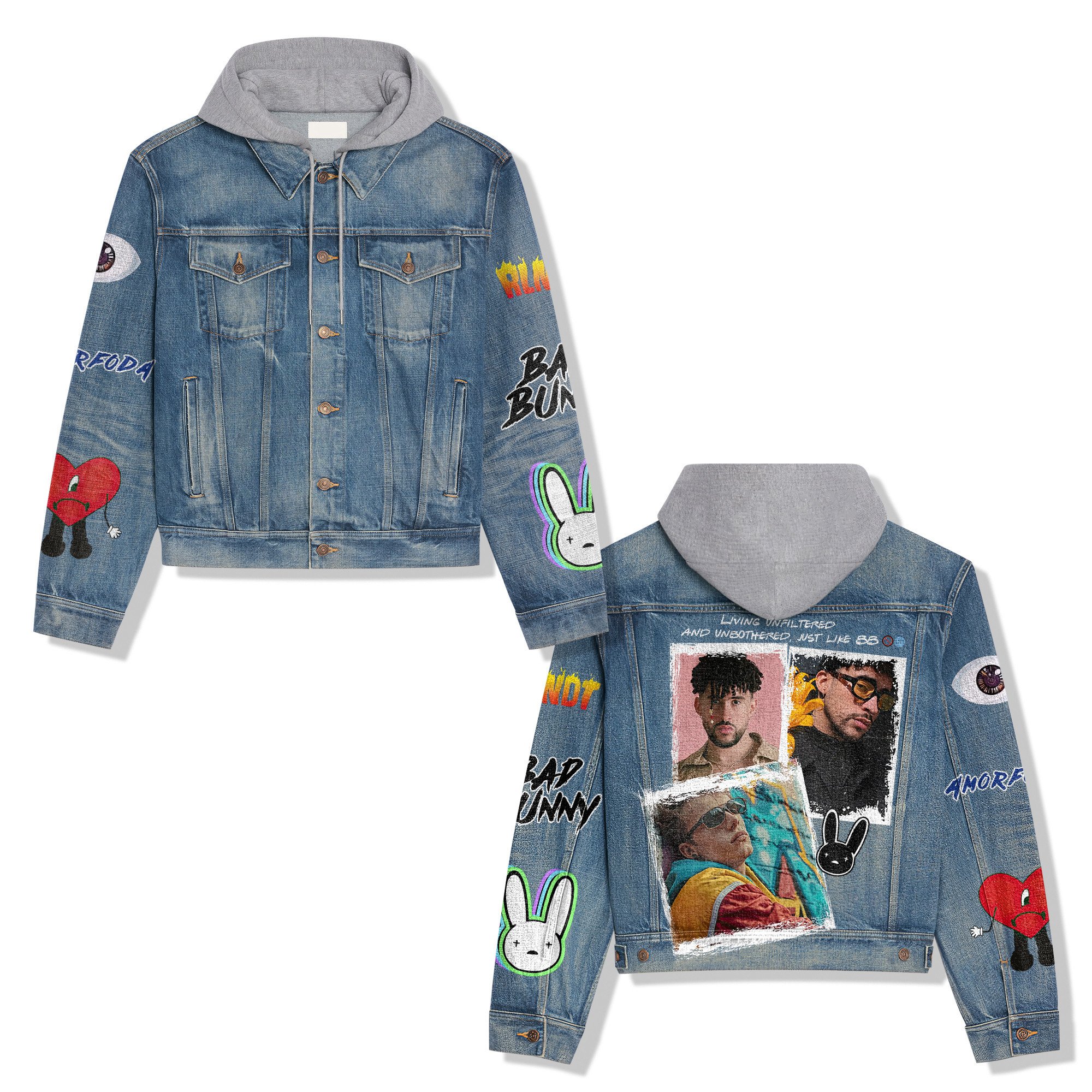 Bad Bunny Music Style Hooded Denim Jacket For Fans