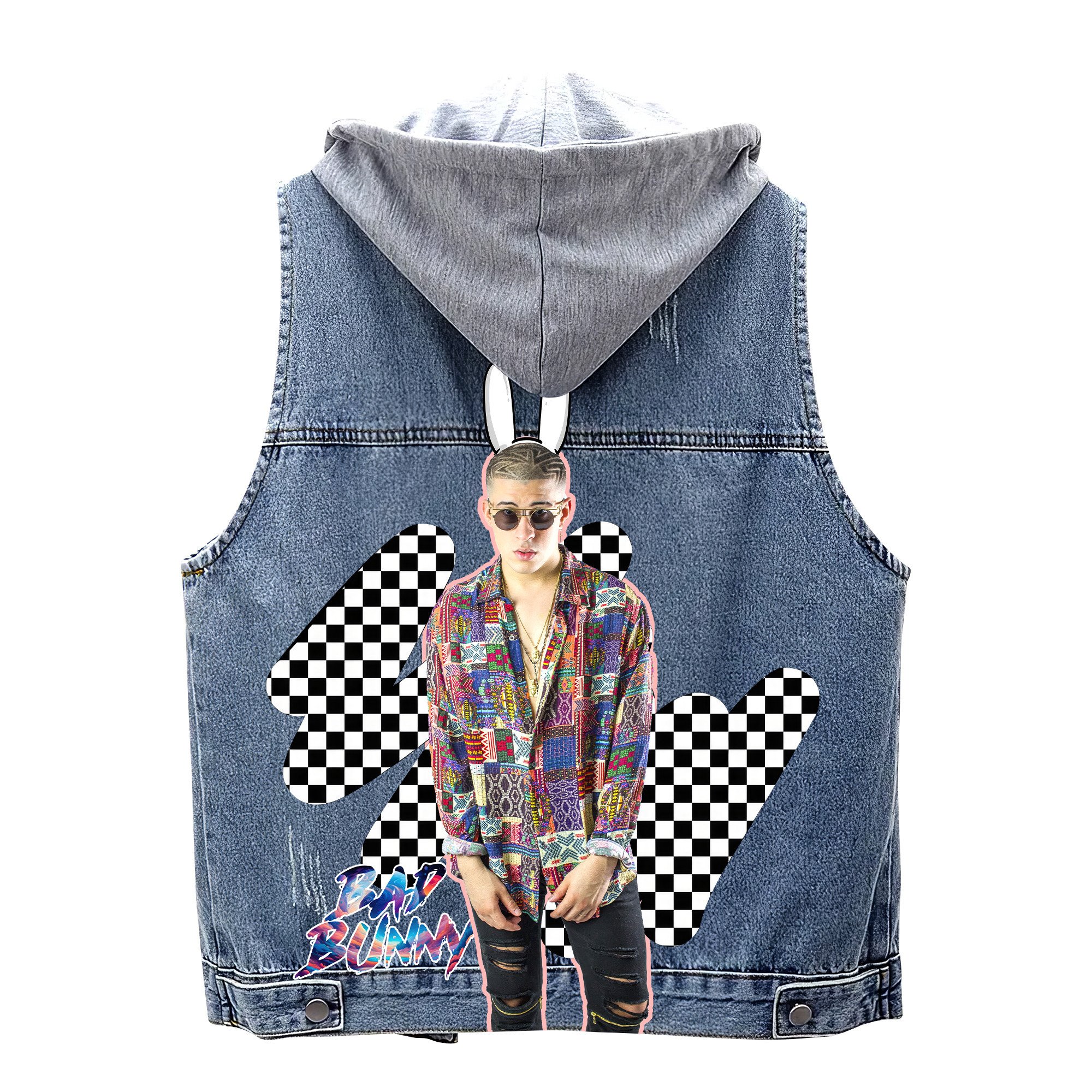Bad Bunny Music Style Hooded Sleeveless Denim Jacket For Fans