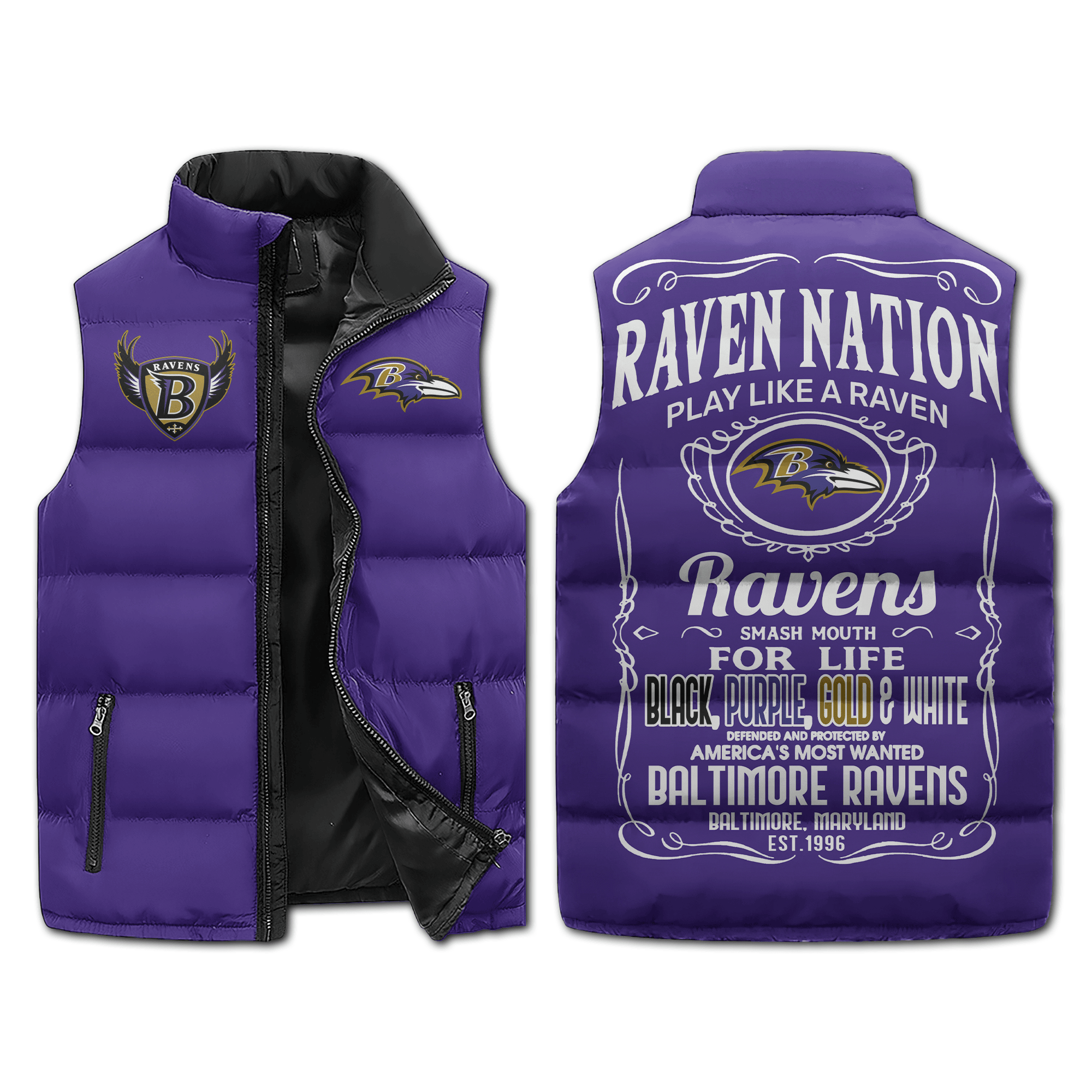 Baltimore Ravens NFL Style Sleeveless Puffer Jacket For Fans