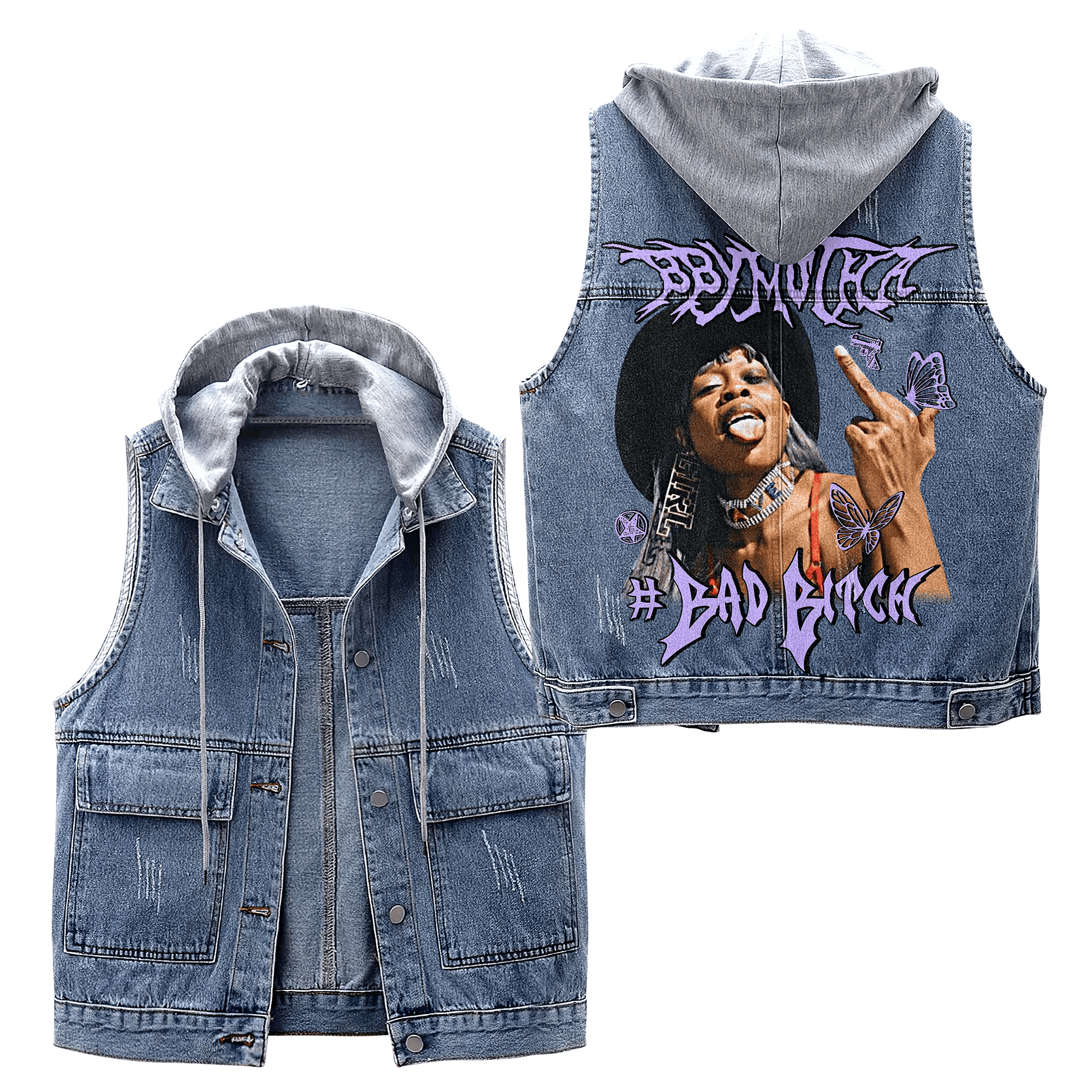 BbyMutha Music Style Hooded Sleeveless Denim Jacket For Fans