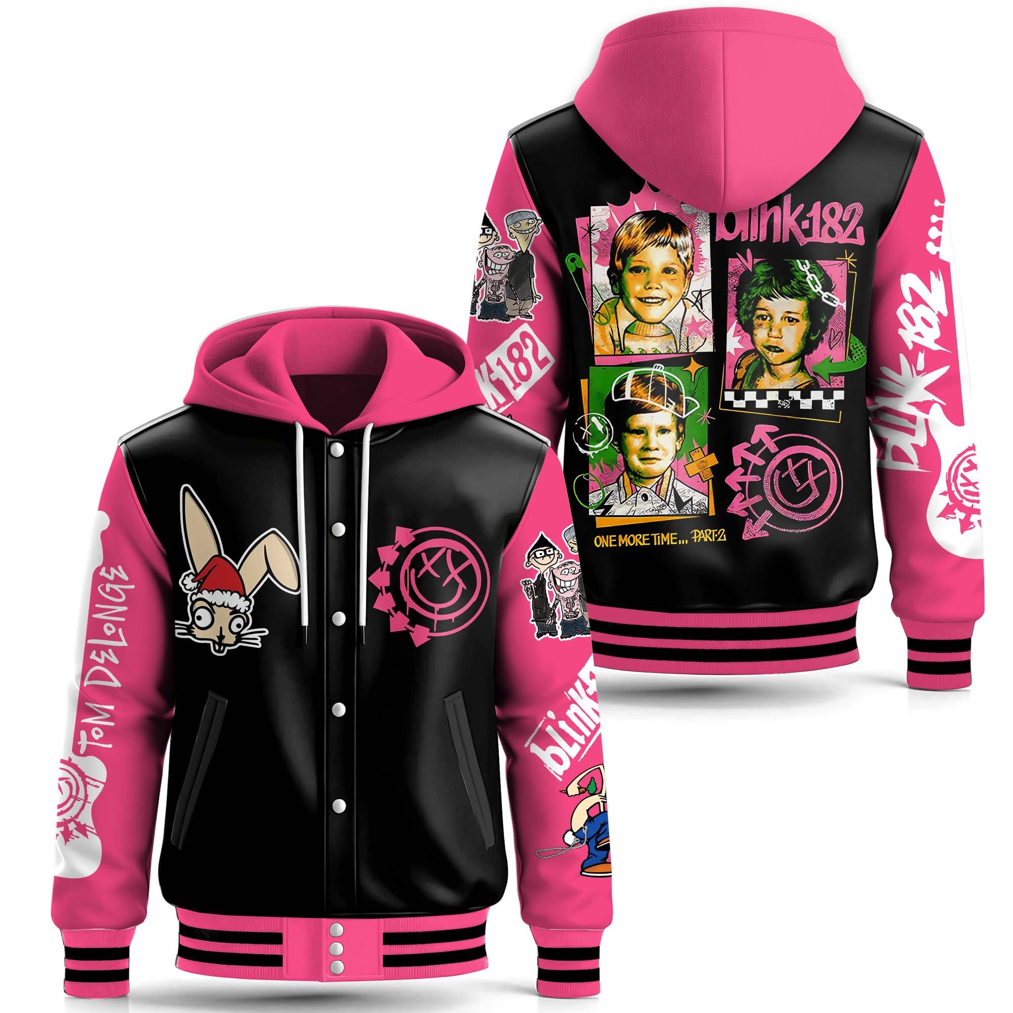 Blink-182 Music Style Leather Baseball Jacket With Hooded For Fans