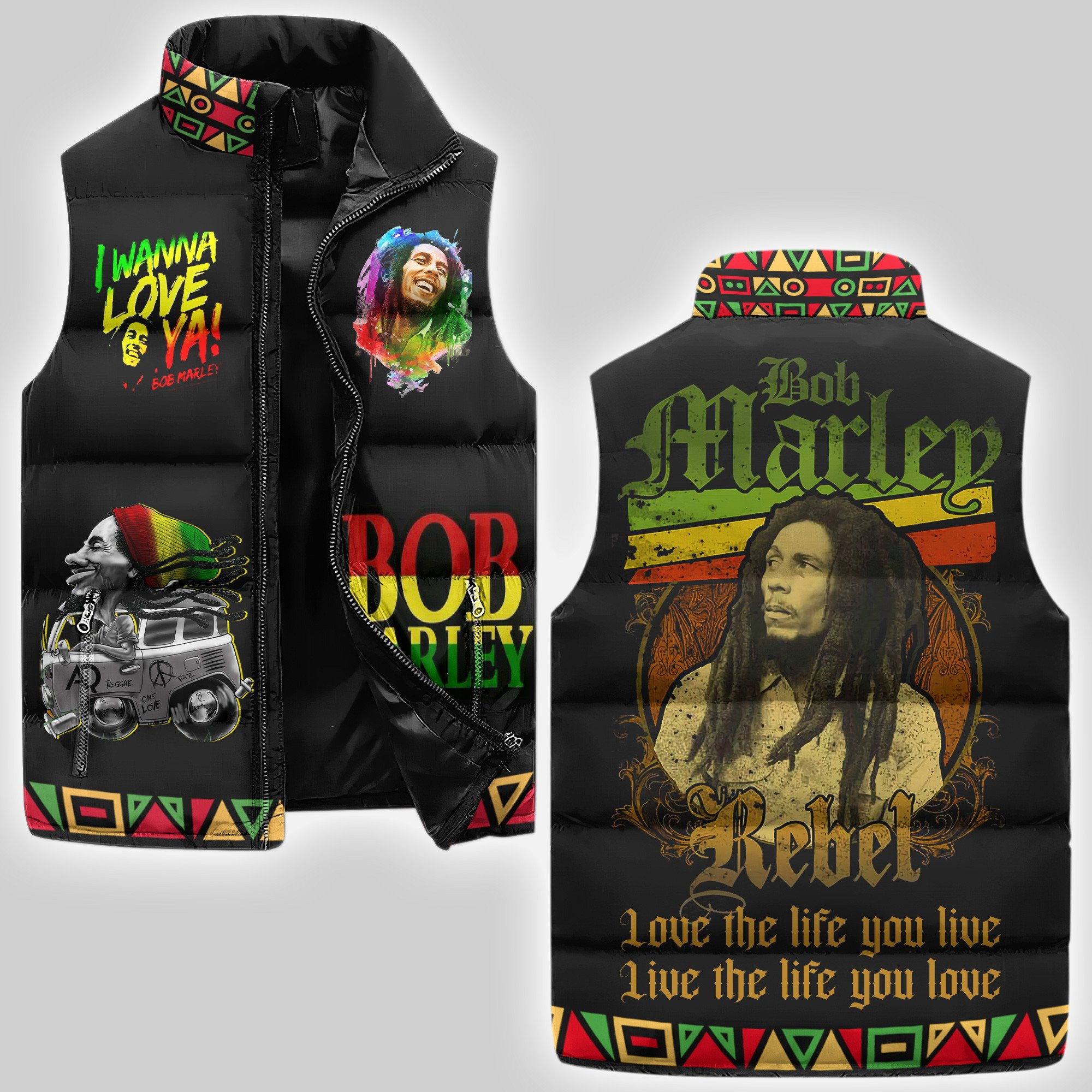 Bob Marley Music Style Sleeveless Puffer Jacket For Fans