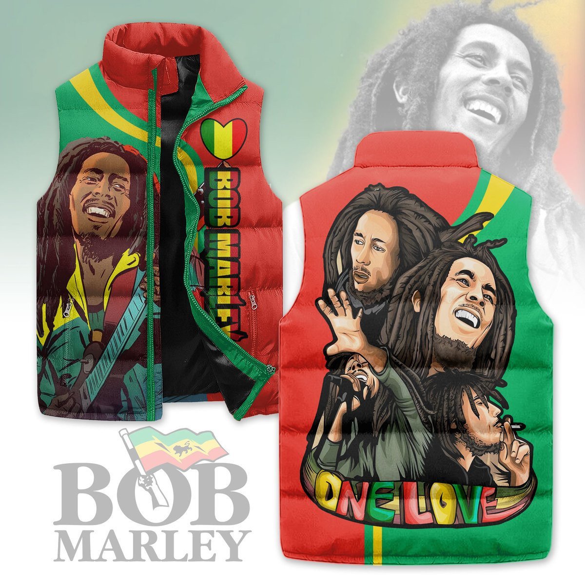 Bob Marley Music Style Sleeveless Puffer Jacket For Fans