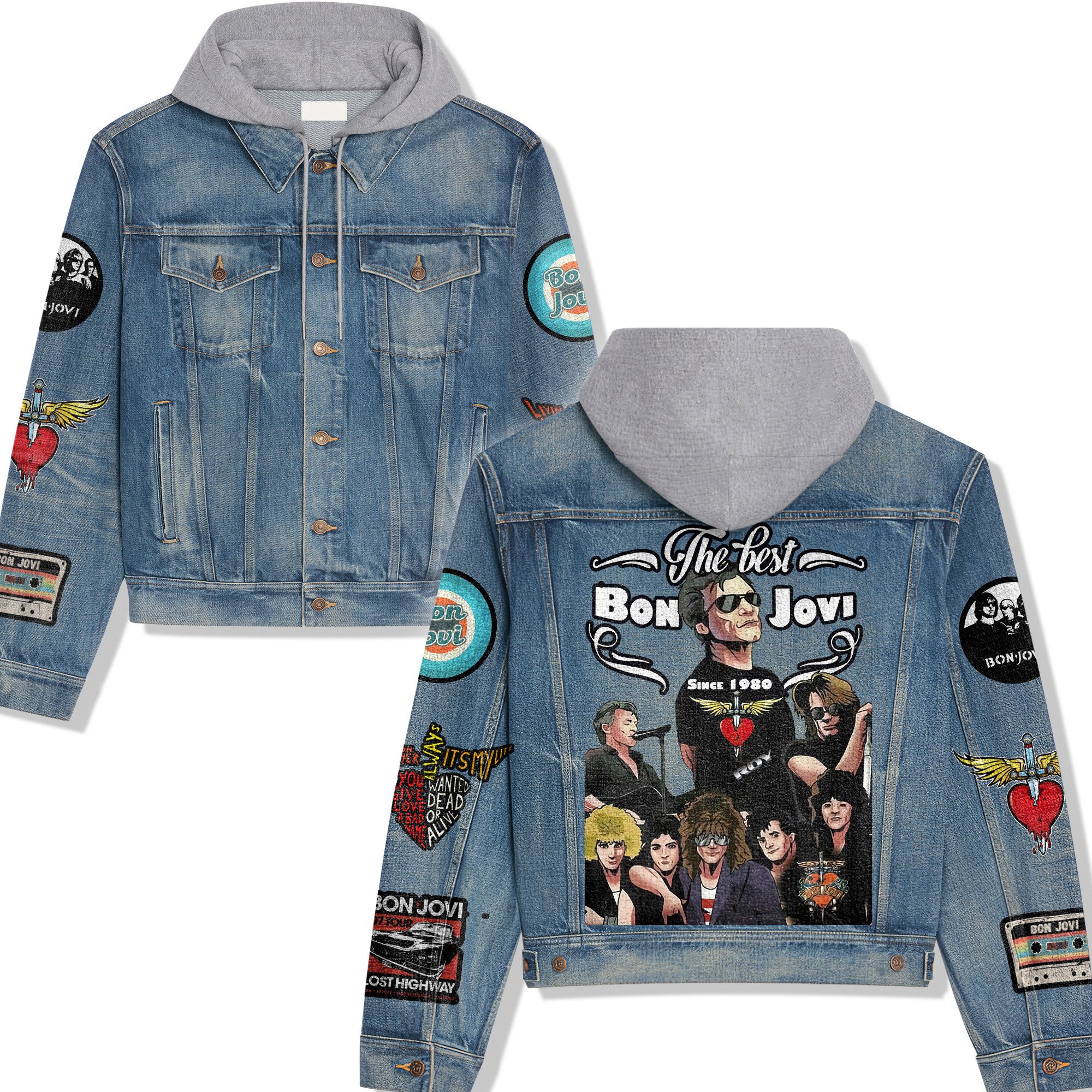 Bon Jovi Music Style Hooded Denim Jacket For Fans