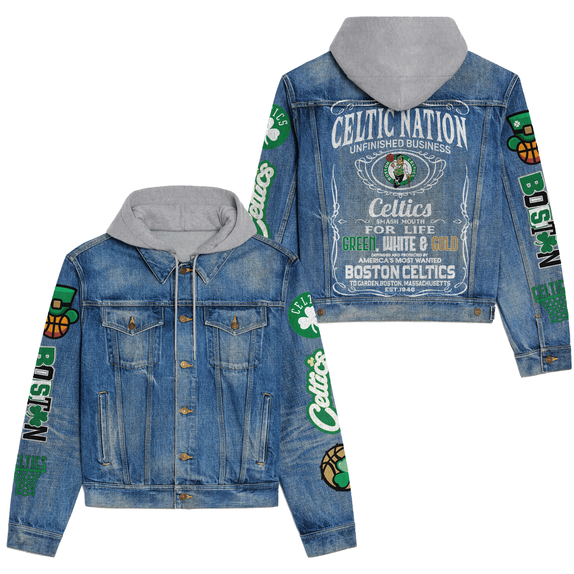 Boston Celtics NBA Style Hooded Denim Jacket For Fans