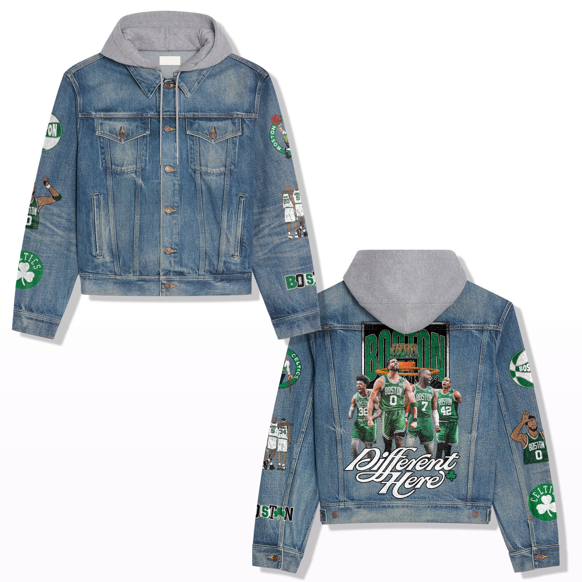 Boston Celtics NBA Style Hooded Denim Jacket For Fans