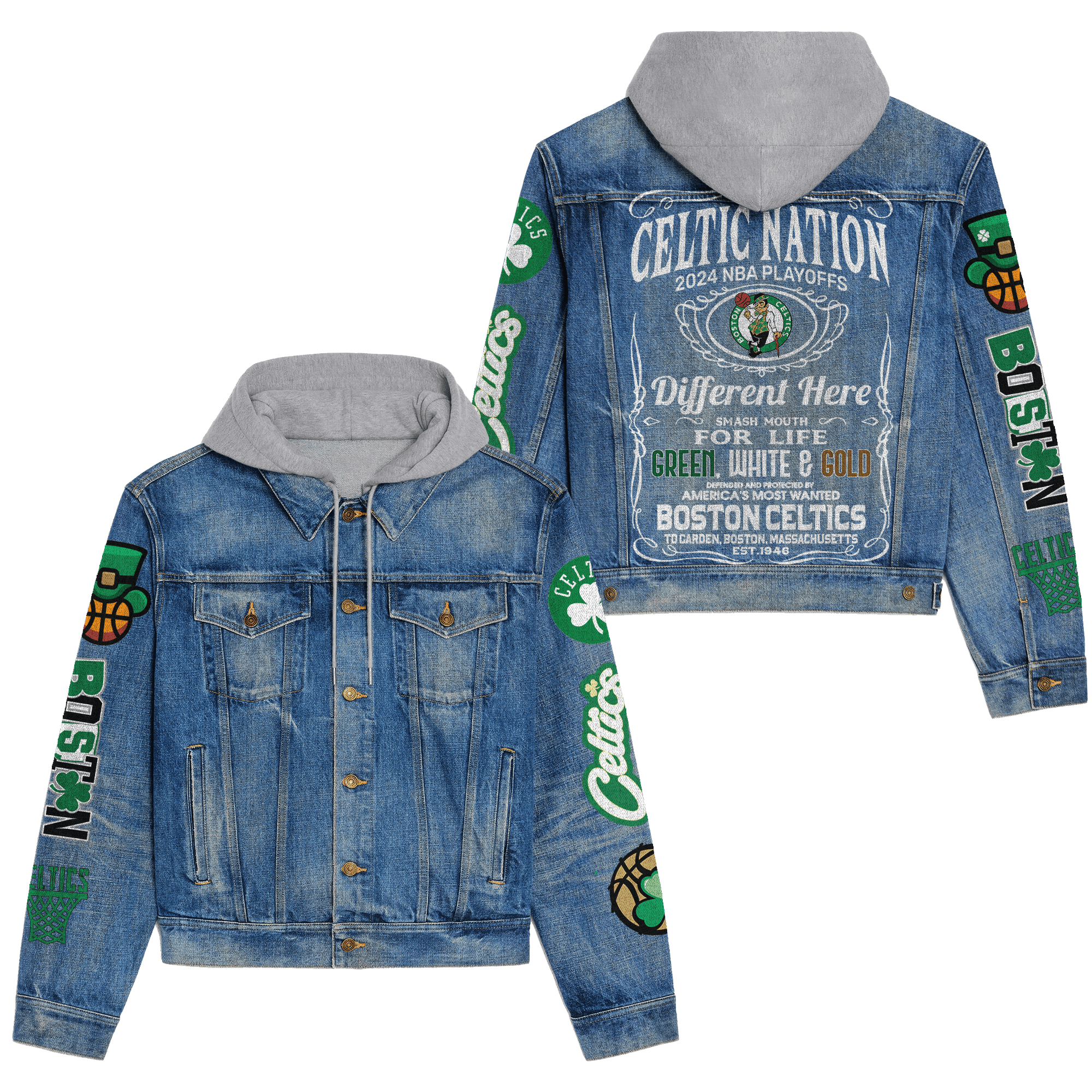Boston Celtics NBA Style Hooded Denim Jacket For Fans