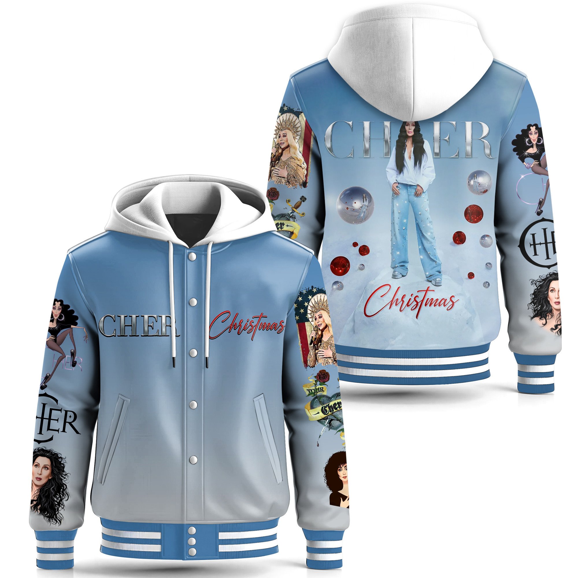 Cher Music Style Leather Baseball Jacket With Hooded For Fans