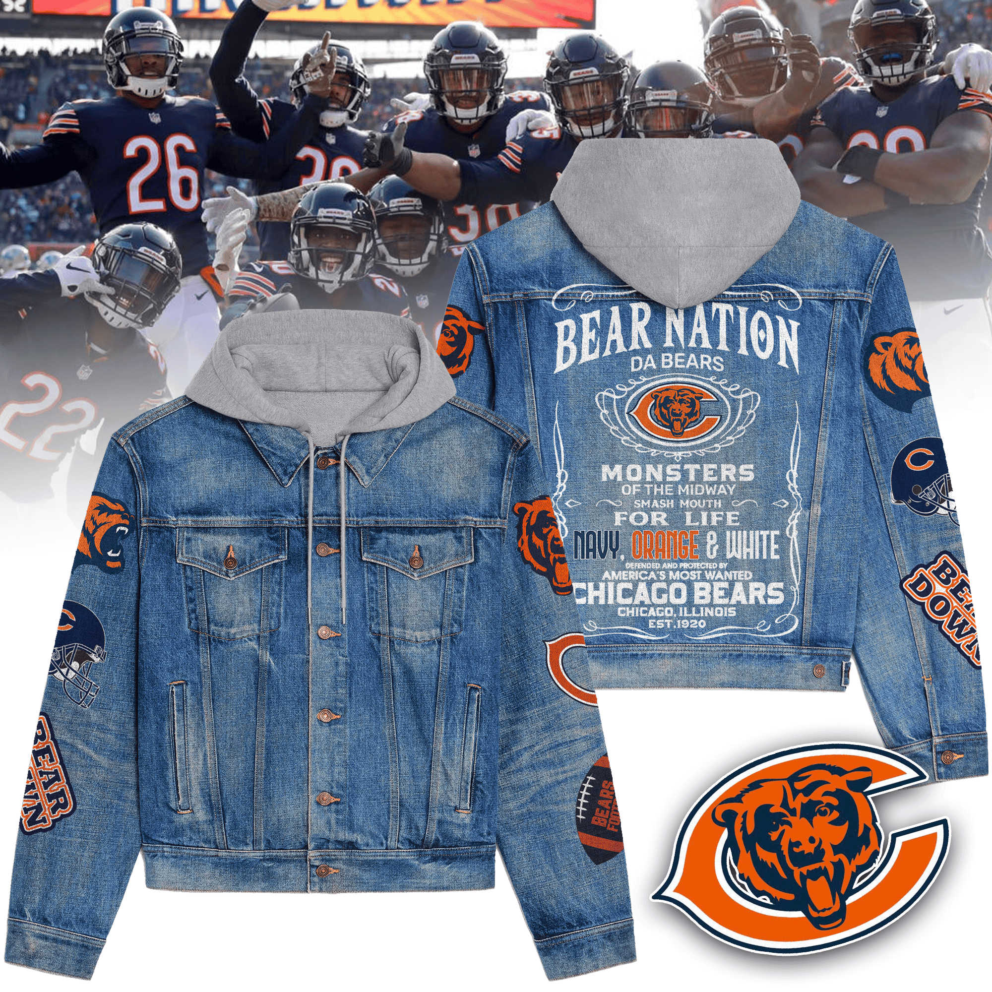 Chicago Bears NFL Style Hooded Denim Jacket For Fans