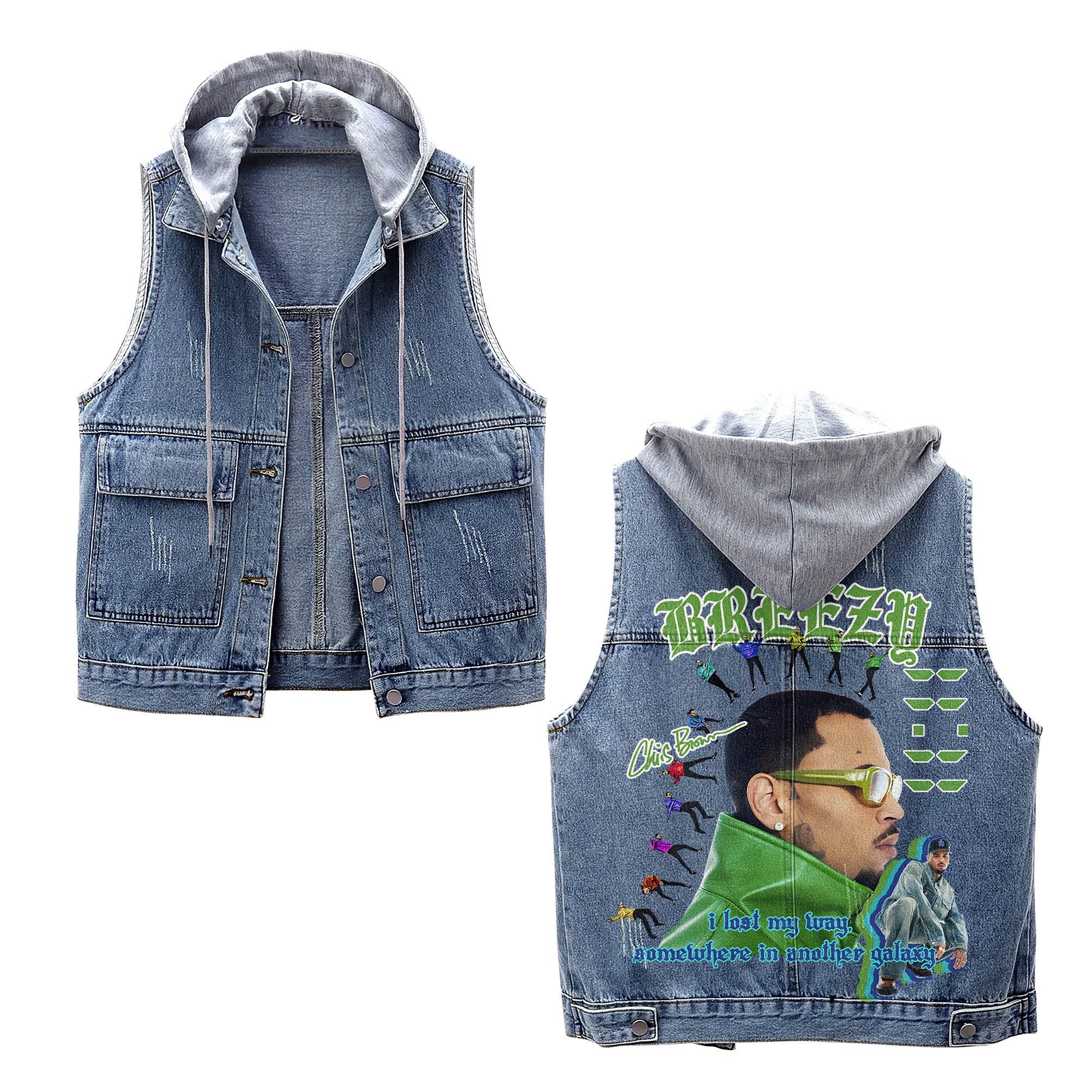 Chris Brown Music Style Hooded Sleeveless Denim Jacket For Fans