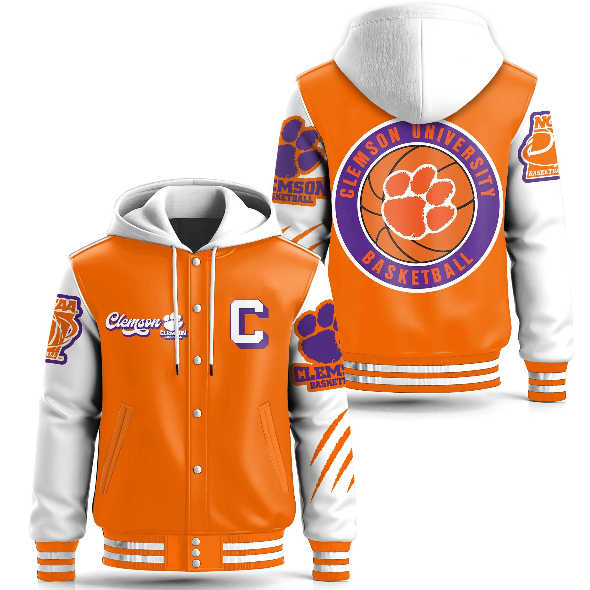 Clemson Tigers NCAA Style Leather Baseball Jacket With Hooded For Fans