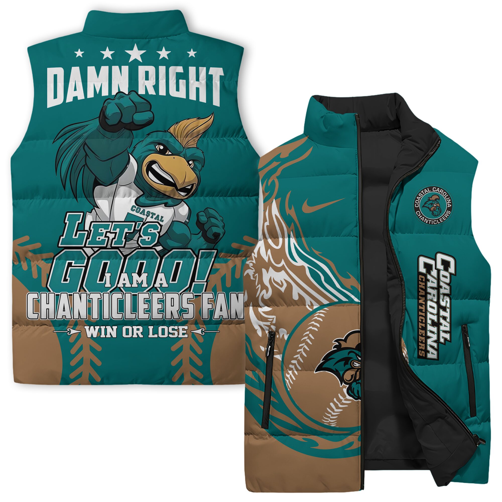 Coastal Carolina Chanticleers NCAA Style Sleeveless Puffer Jacket For Fans