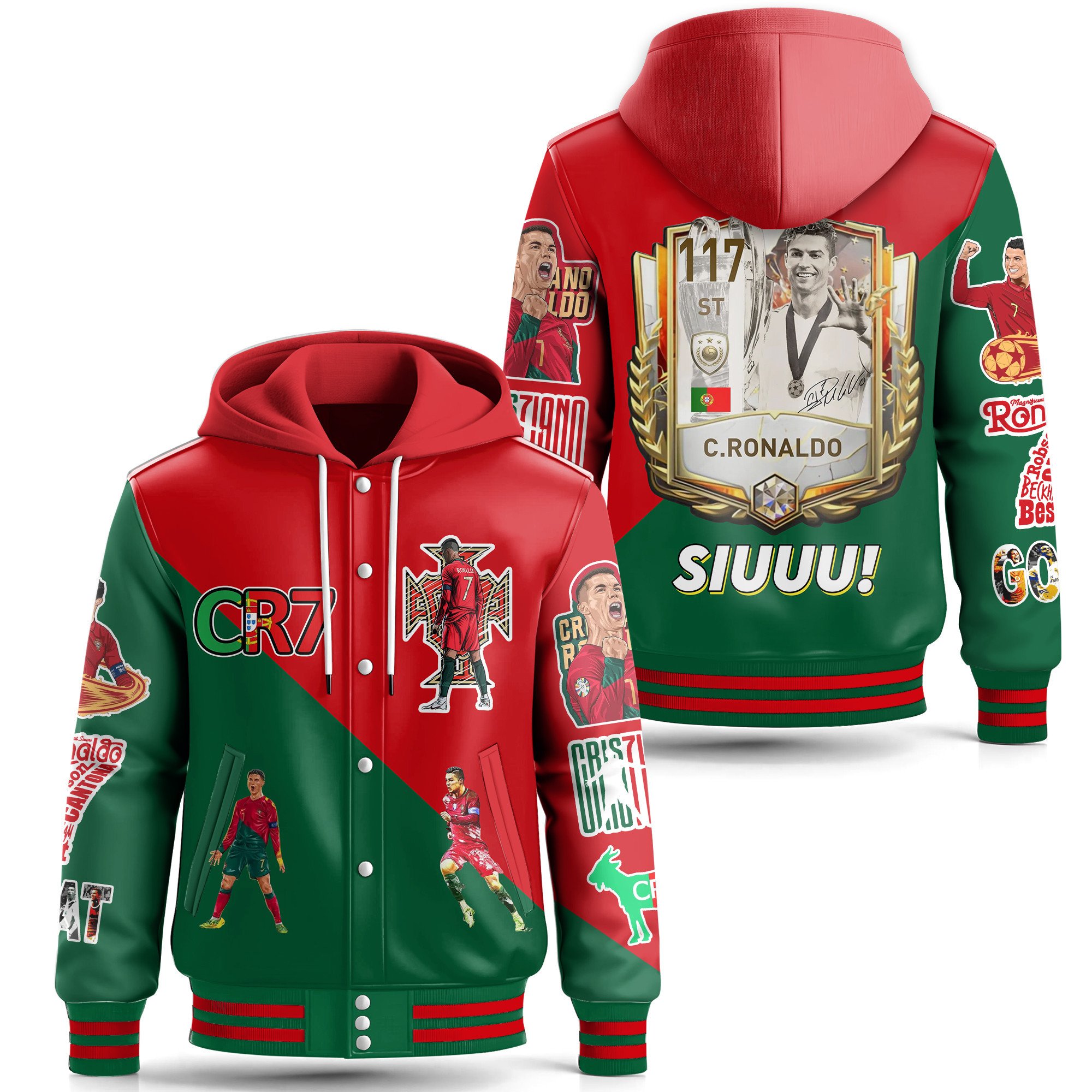 CR7 Portugal Style Leather Baseball Jacket With Hooded For Fans