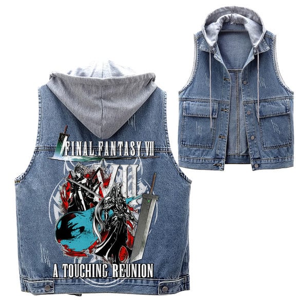 Final Fantasy Games Style Hooded Sleeveless Denim Jacket For Fans