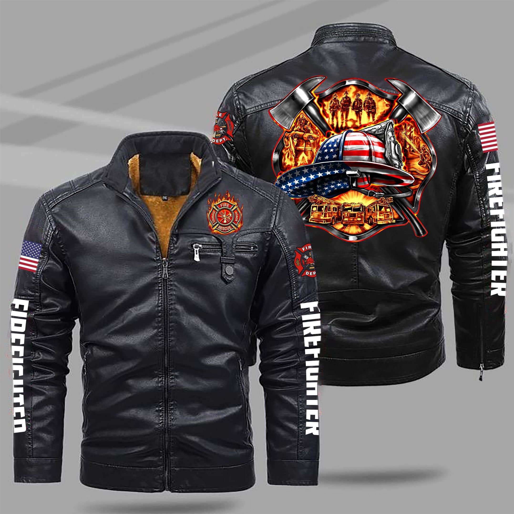 Firefighter Style Fleece Lined Leather Jacket For Fans