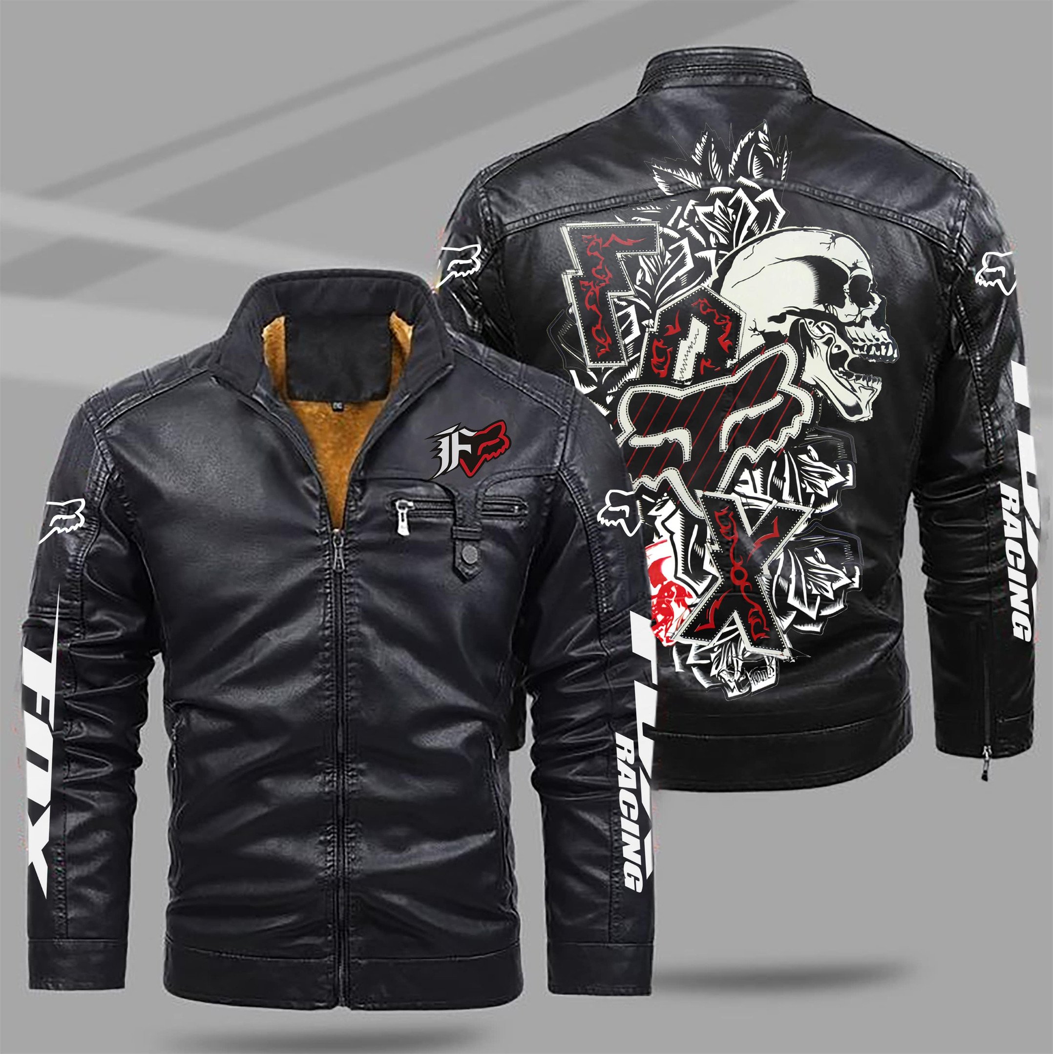 Fox Racing Car Style Fleece Lined Leather Jacket For Fans