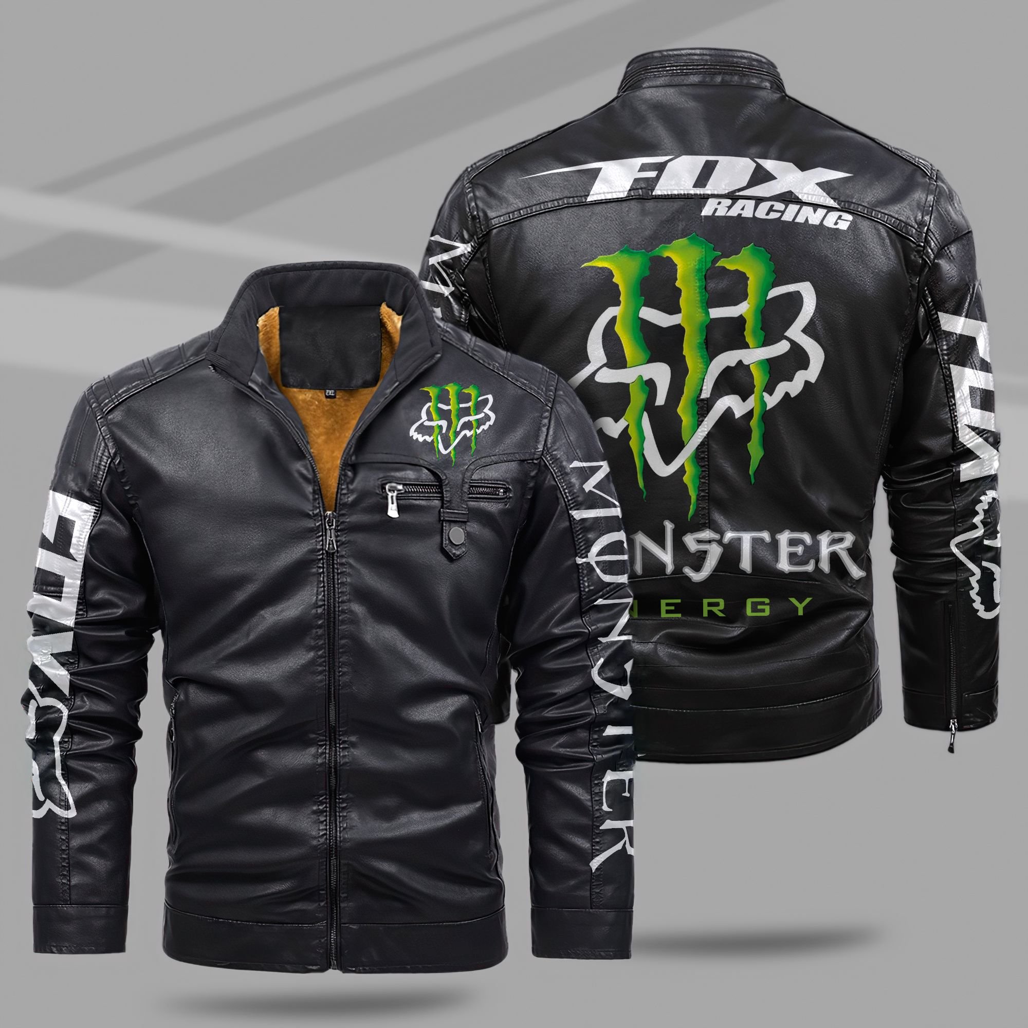 Fox Racing x Monster Energy Style Fleece Lined Leather Jacket For Fans