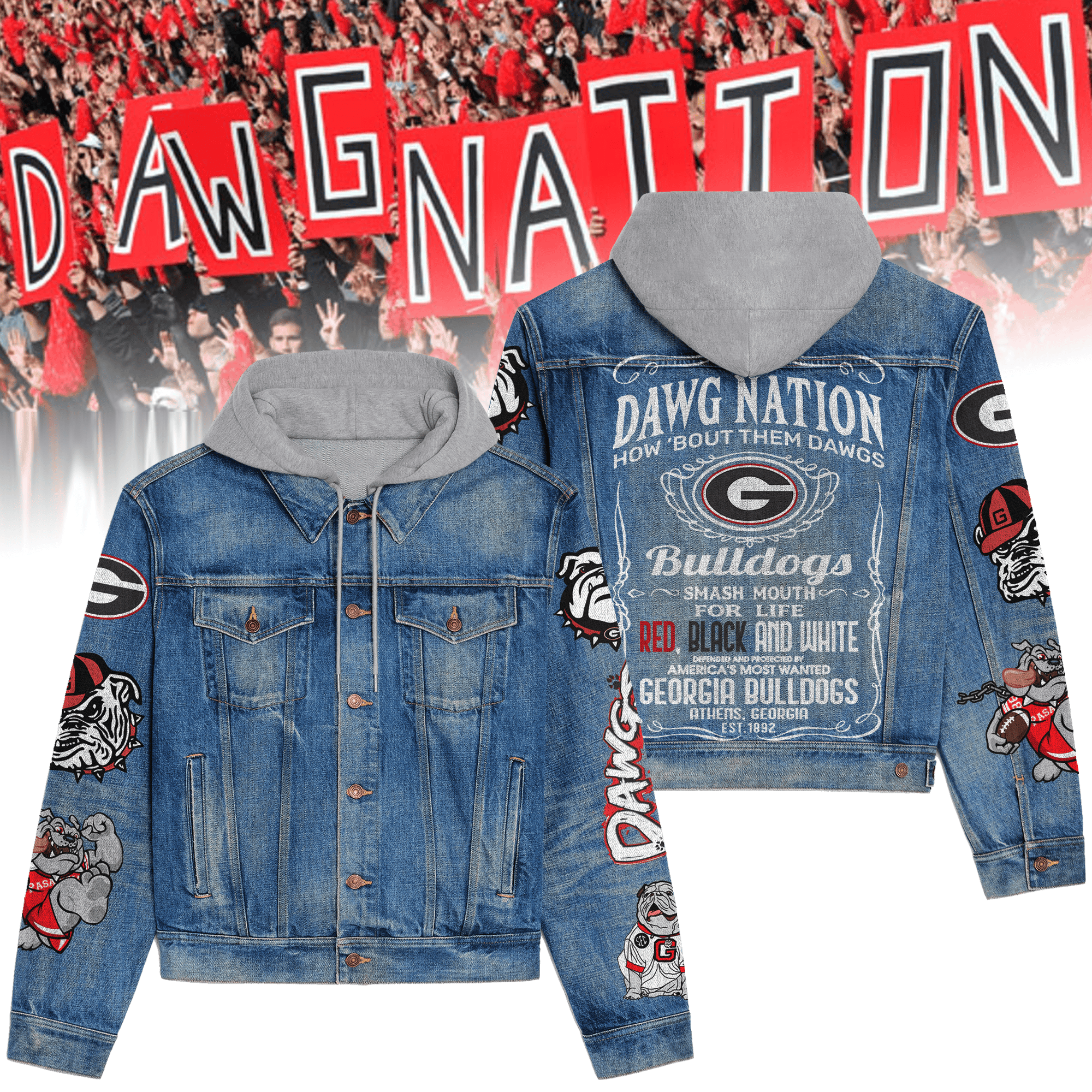 Georgia Bulldogs NCAA Style Hooded Denim Jacket For Fans