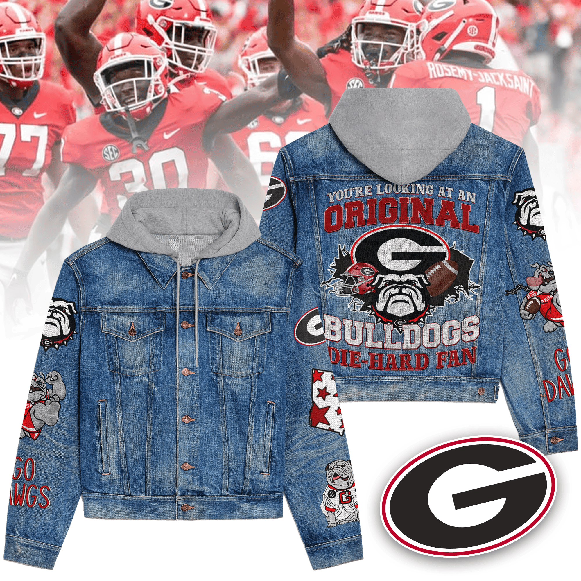 Georgia Bulldogs NCAA Style Hooded Denim Jacket For Fans