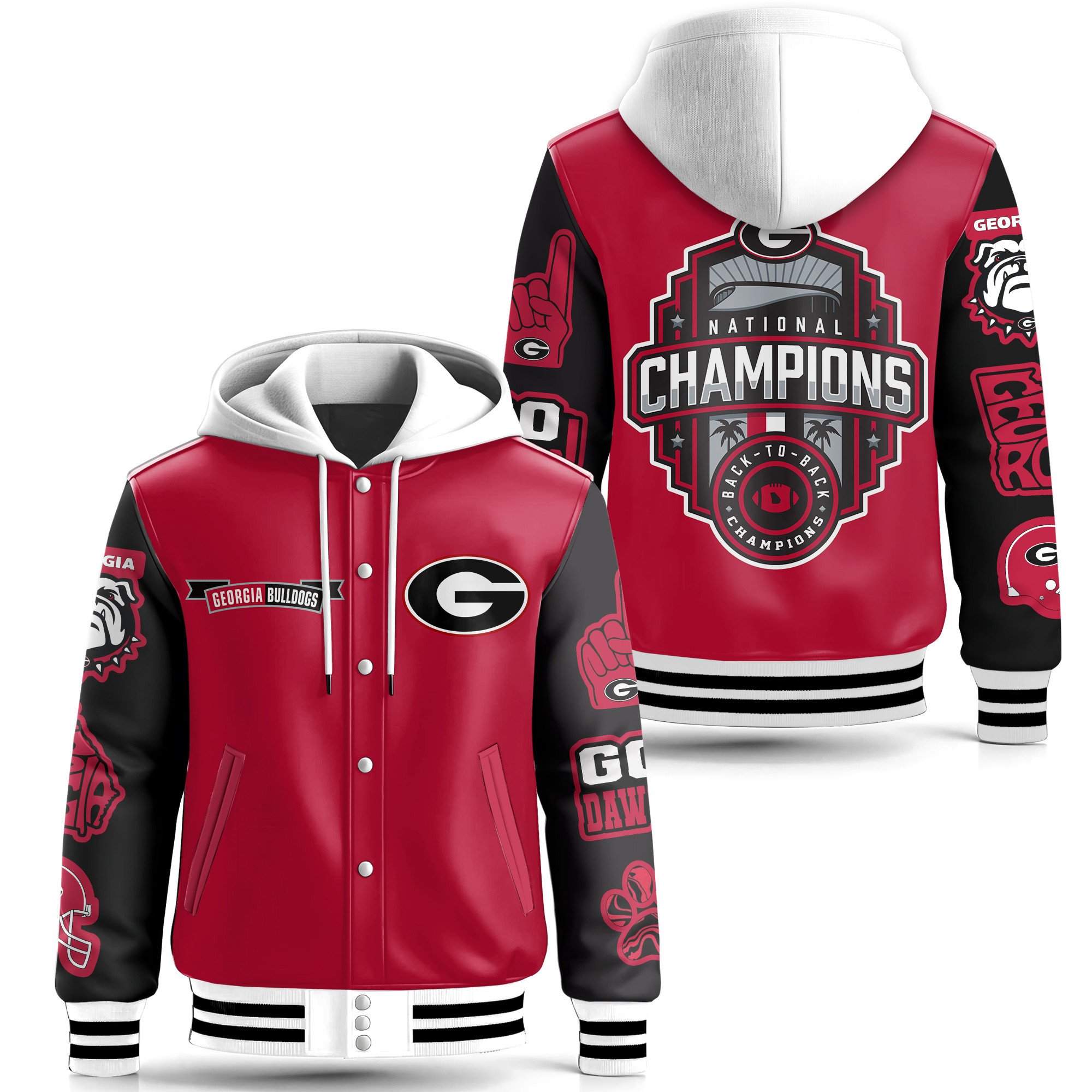 Georgia Bulldogs NCAA Style Leather Baseball Jacket With Hooded For Fans