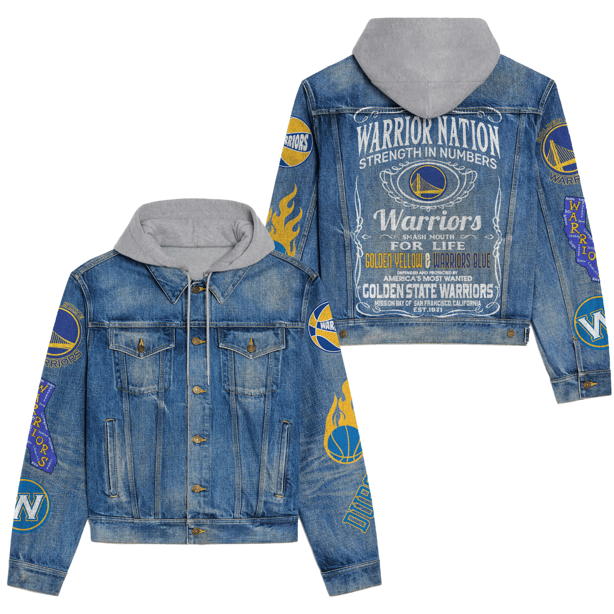 Golden State Warriors NBA Style Hooded Denim Jacket For Fans