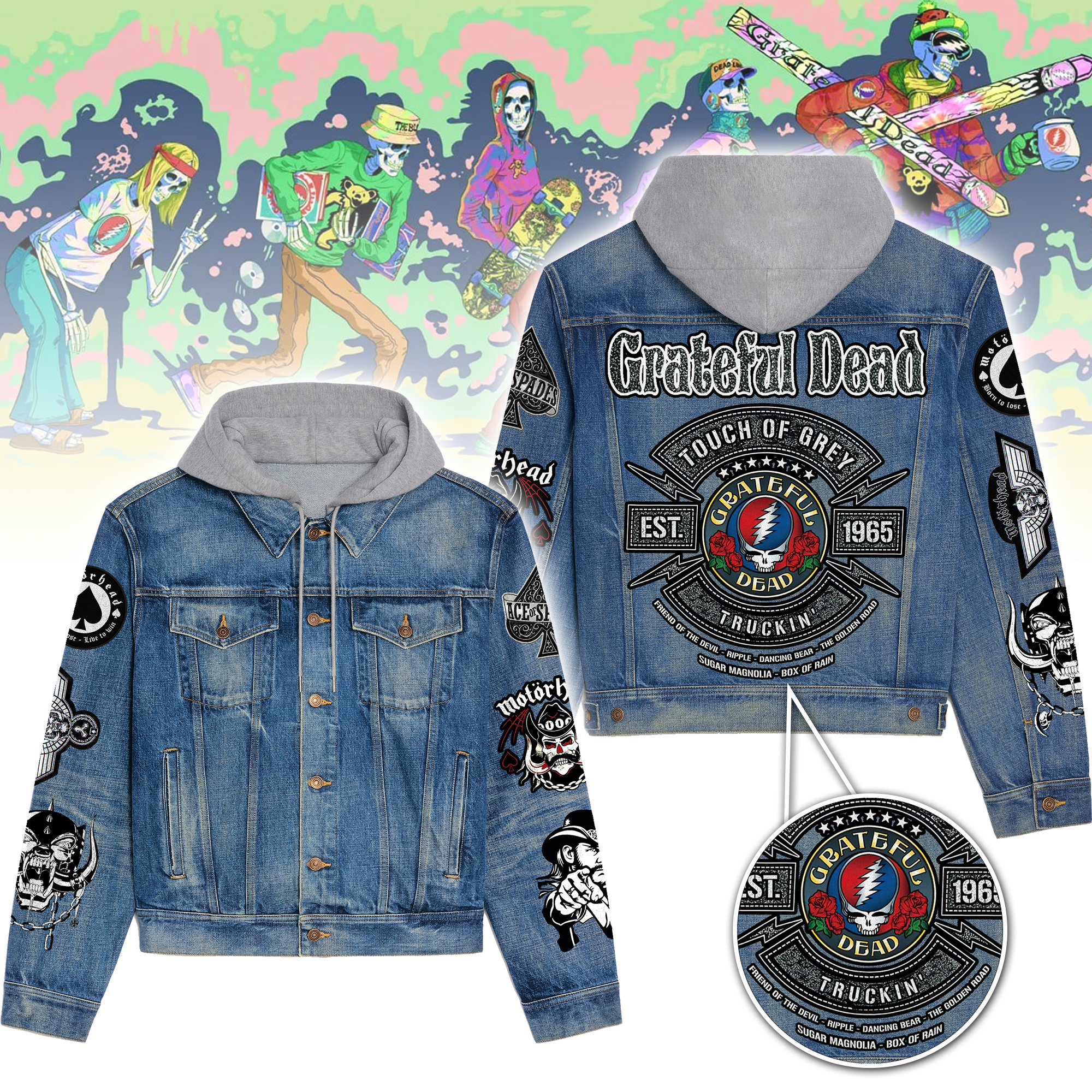 Grateful Dead Rock Band Music Style Hooded Denim Jacket For Fans