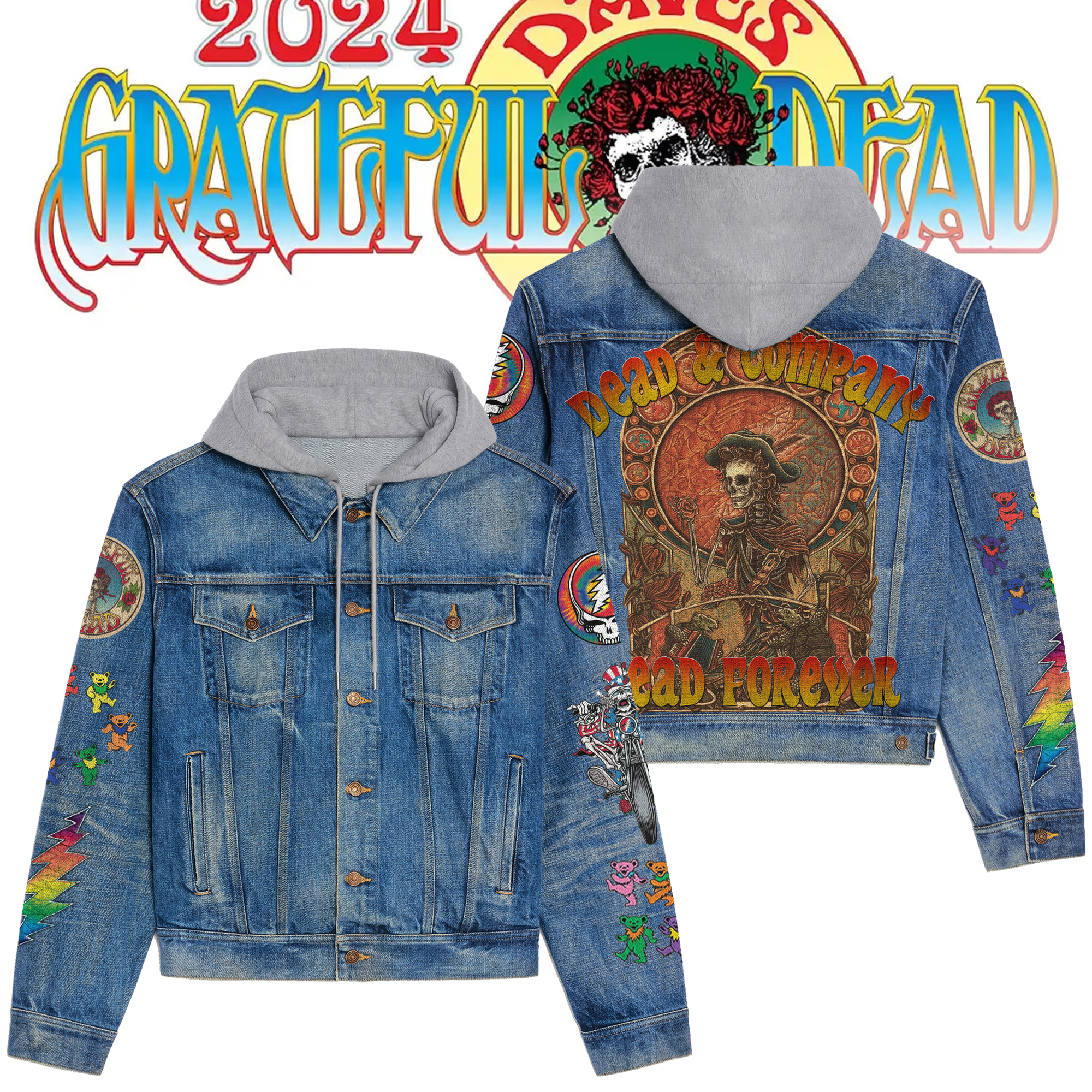 Grateful Dead Rock Band Music Style Hooded Denim Jacket For Fans