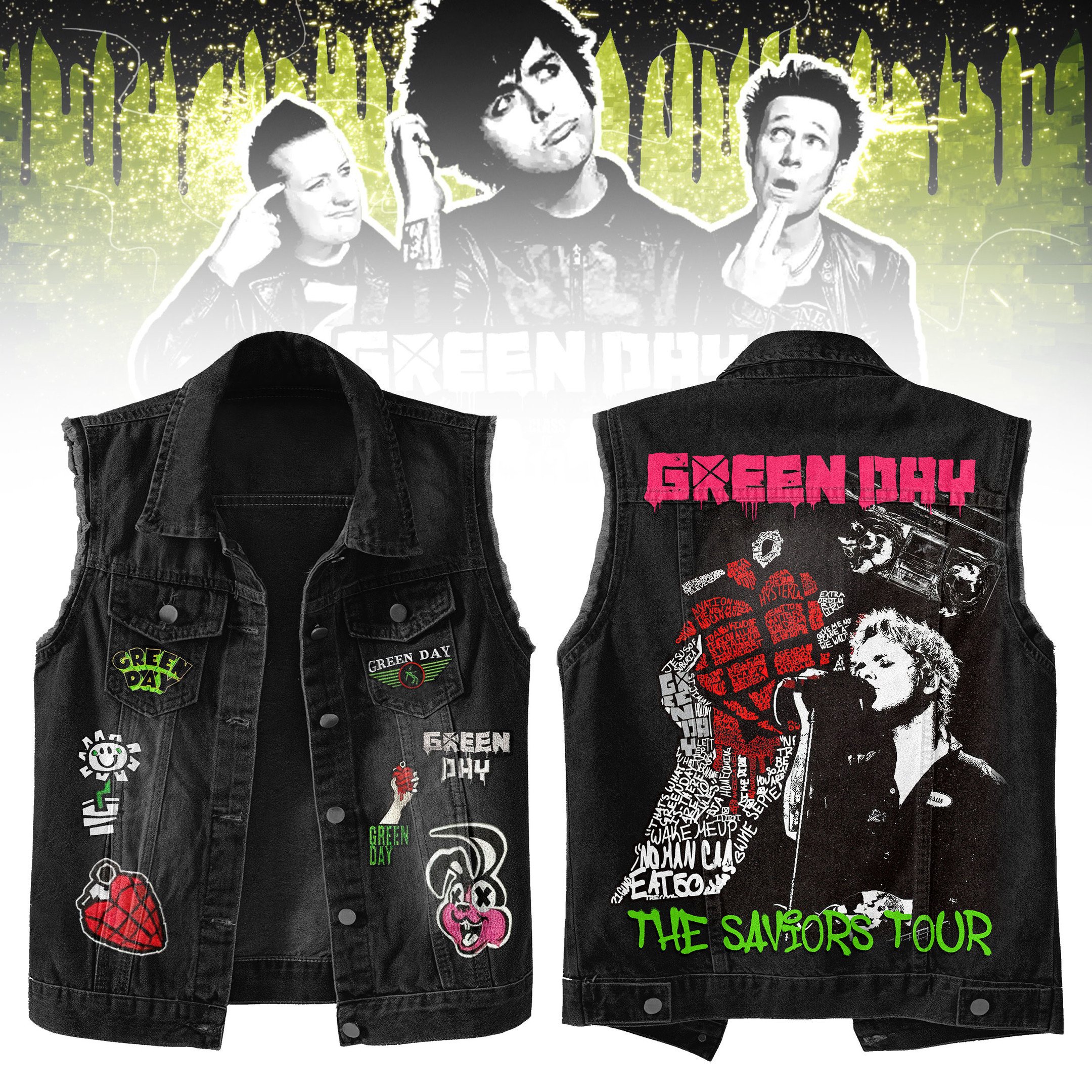 Green Day Music Style Sleeveless Jacket