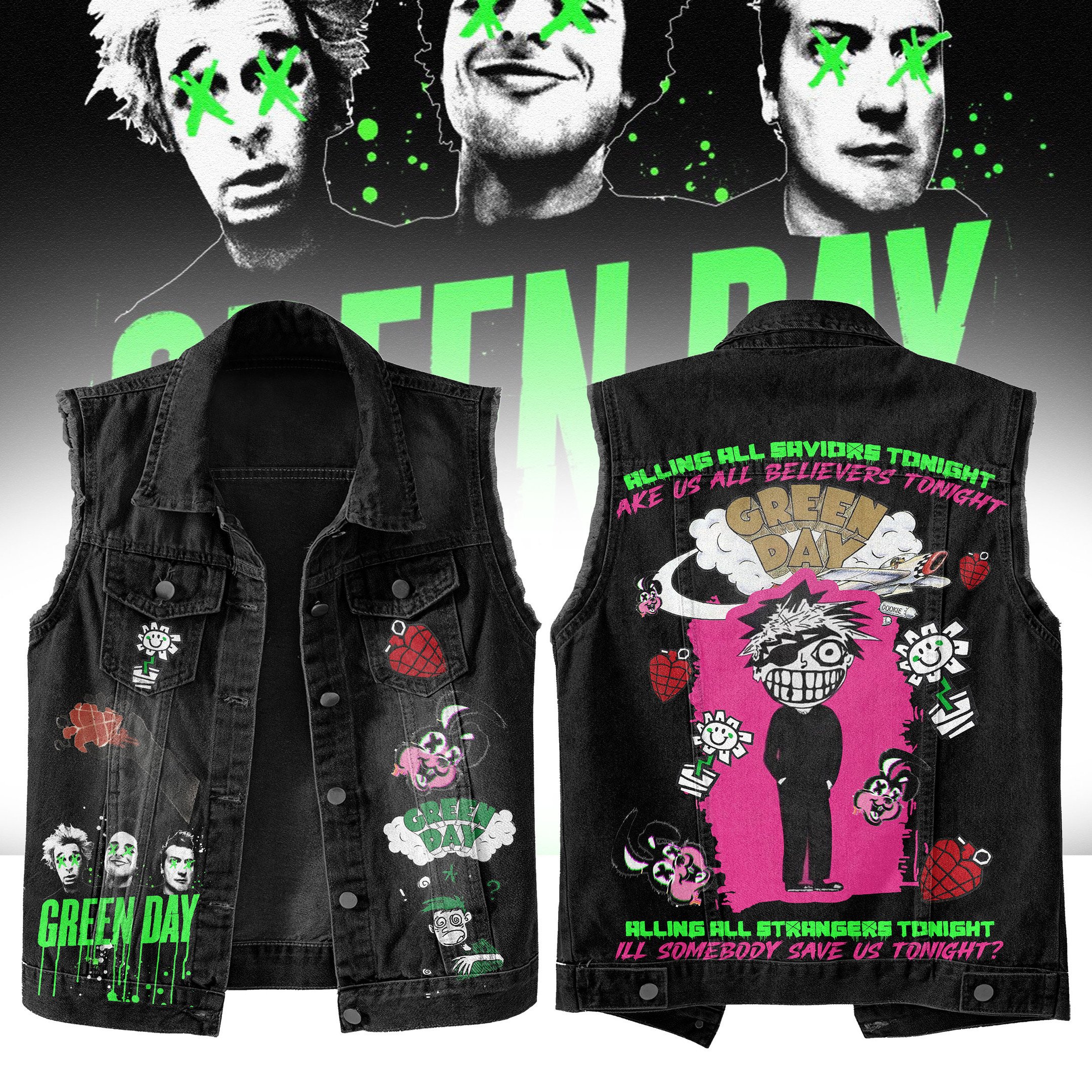 Green Day Music Style Sleeveless Jacket