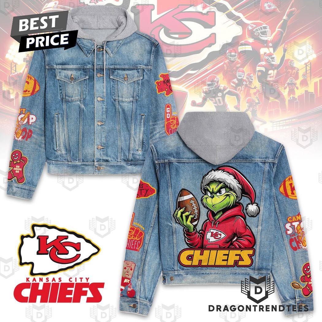 Grinch x Kansas City Chiefs NFL Style Hooded Denim Jacket For Fans