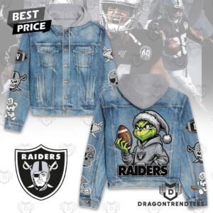 Grinch x Las Vegas Raiders NFL Style Hooded Denim Jacket For Fans
