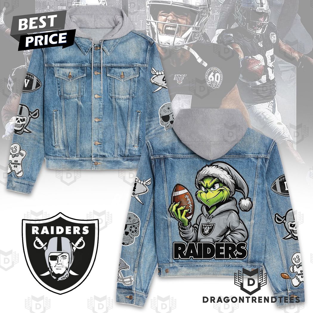 Grinch x Las Vegas Raiders NFL Style Hooded Denim Jacket For Fans