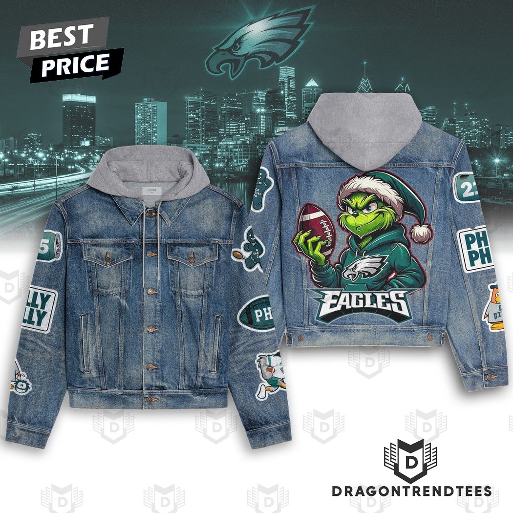 Grinch x Philadelphia Eagles NCAA Style Hooded Denim Jacket For Fans