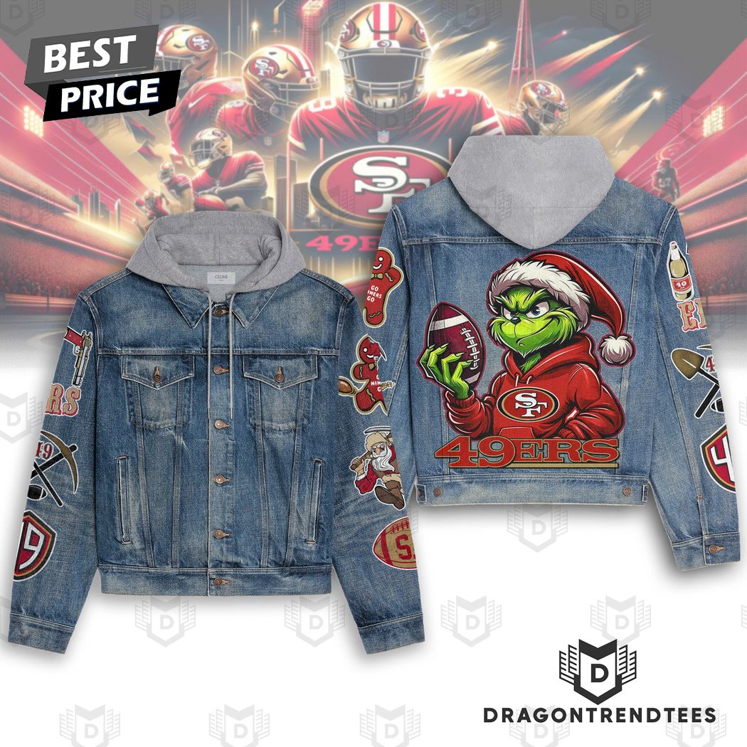 Grinch x San Francisco 49ers NCAA Style Hooded Denim Jacket For Fans