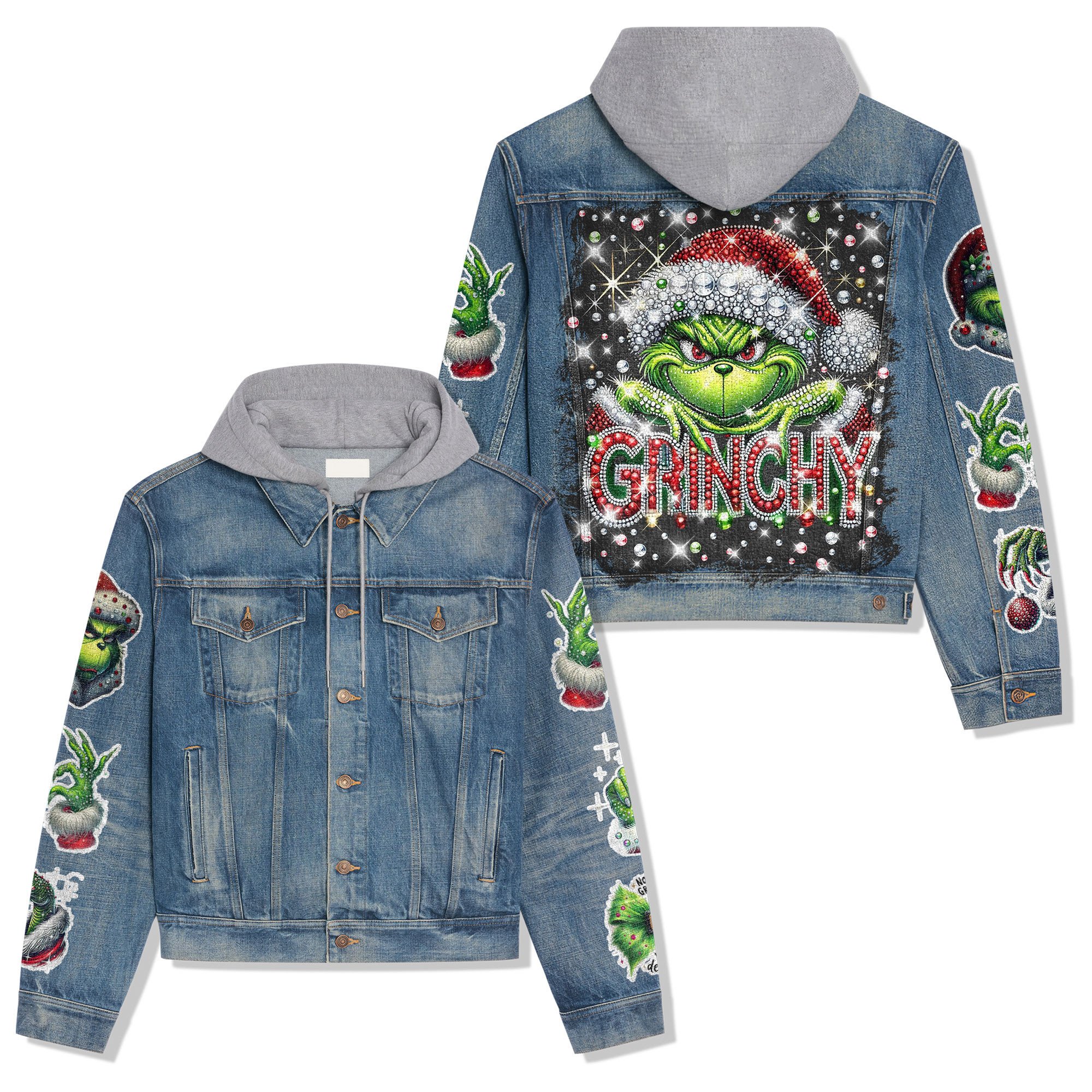 Grinchy Cartoon Style Hooded Denim Jacket For Fans