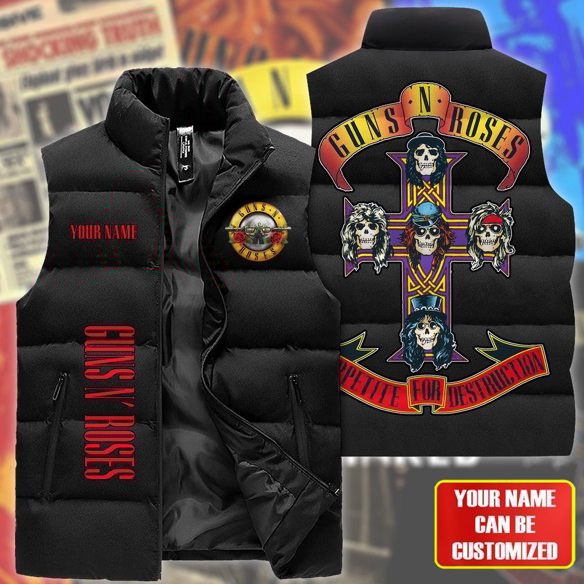 Guns N' Roses Music Style Sleeveless Puffer Jacket For Fans