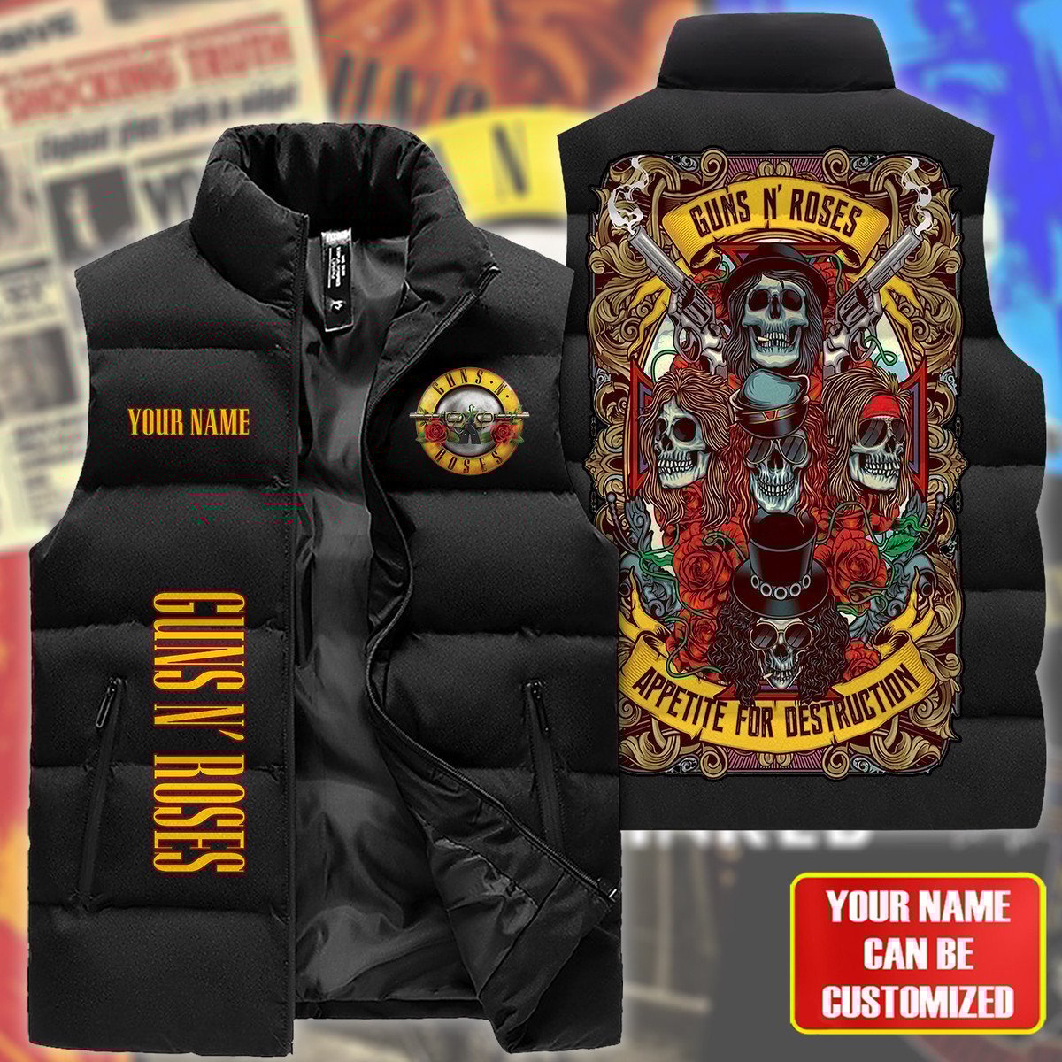 Guns N' Roses Music Style Sleeveless Puffer Jacket For Fans