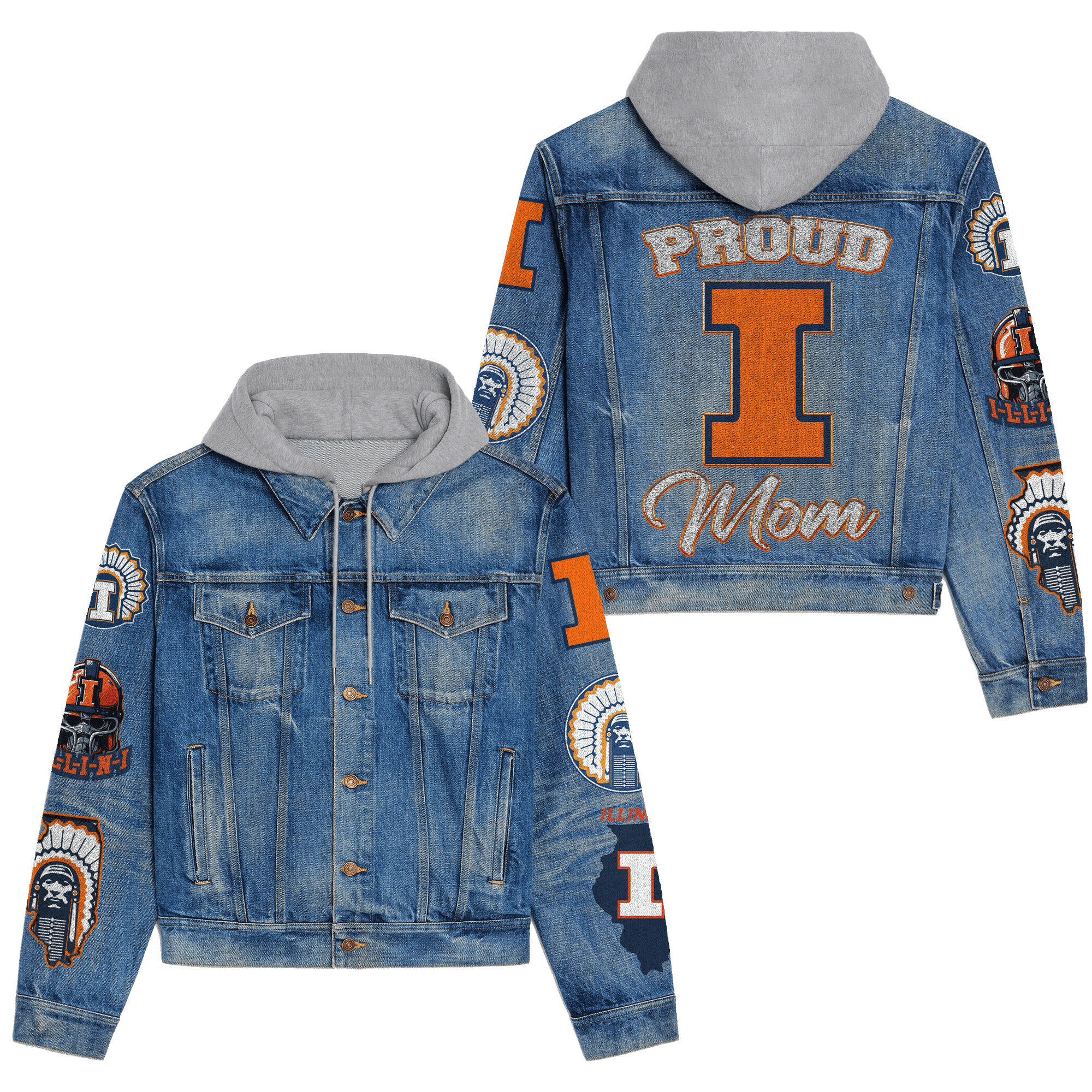 Illinois Fighting Illini NCAA Style Hooded Denim Jacket For Fans
