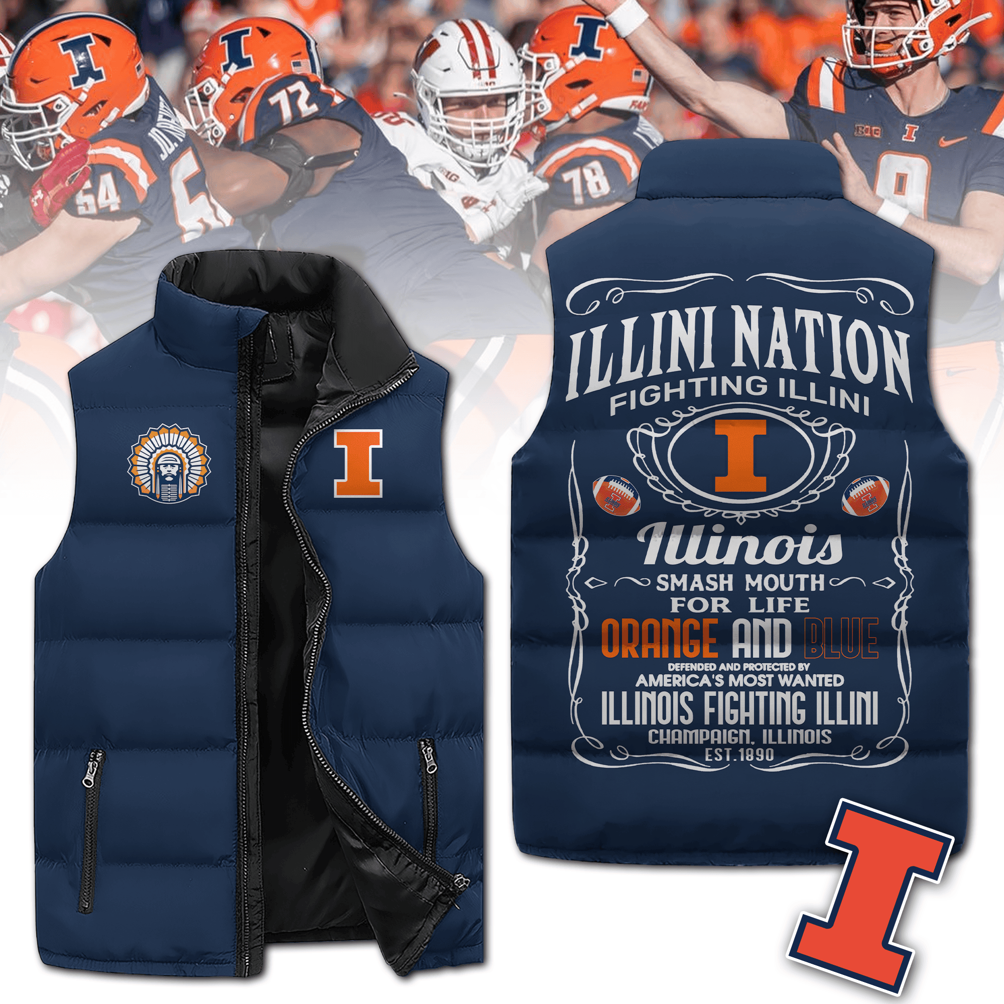 Illinois Fighting Illini NCAA Style Sleeveless Puffer Jacket For Fans