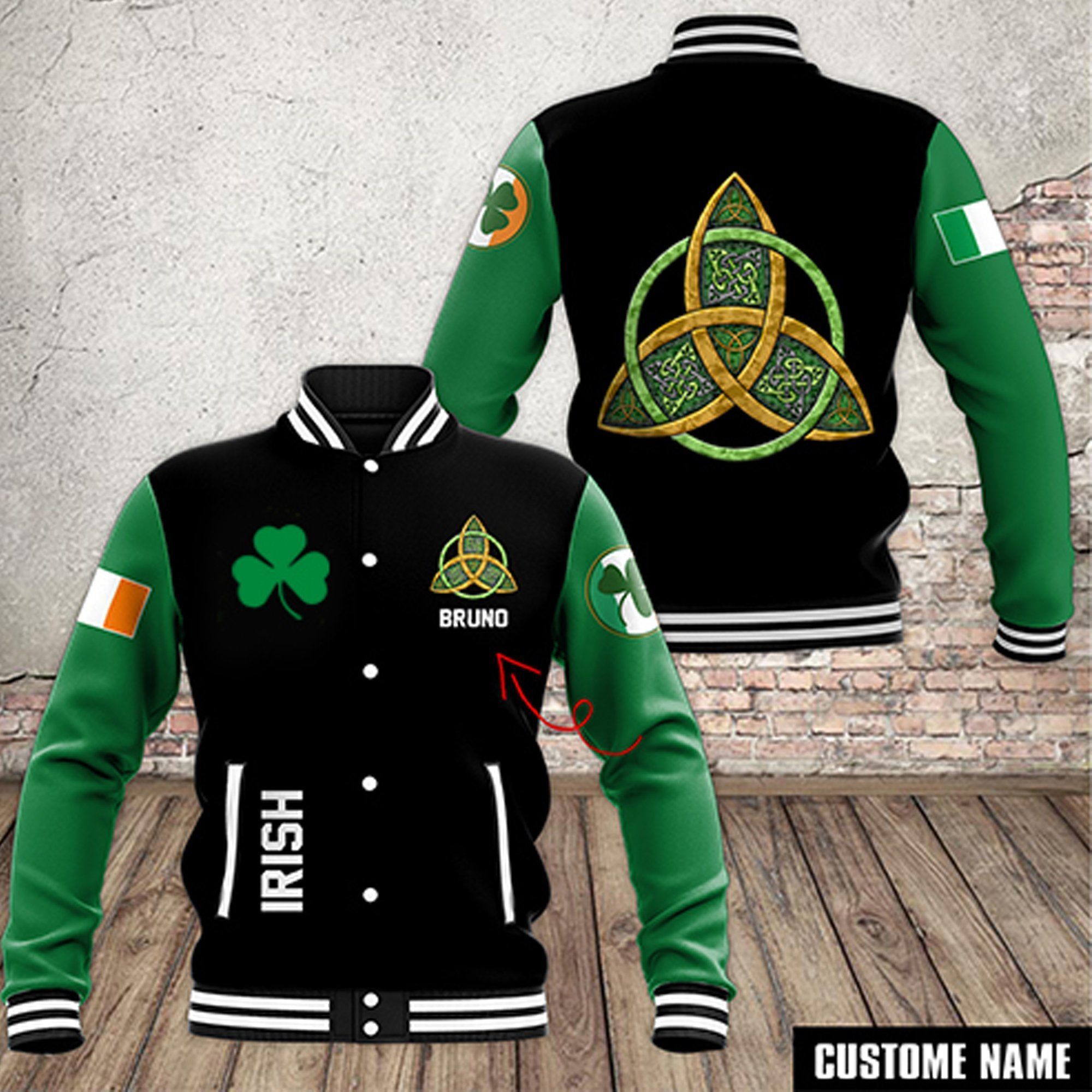 Irish Shamrock Style Baseball Jacket For Fans